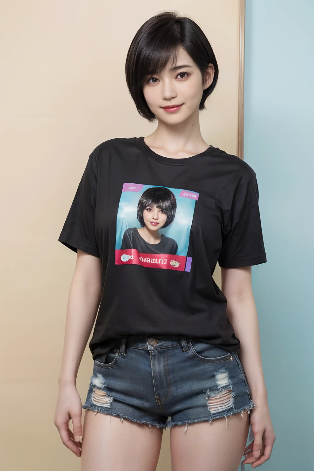 85
(a 20 yo woman,is standing), (A hyper-realistic), (masutepiece), ((short-hair:1.46)), (Smooth black hair), (Breast:1.0), (kindly smile), Wearing shorts, (Wear a T-shirt with a character design print), (Beautiful skin:1.5)