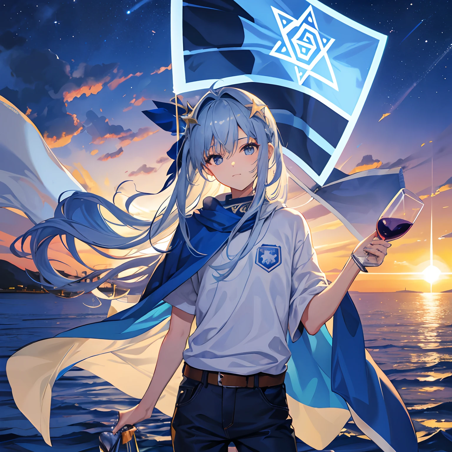 1 man of Israelian pride, deep blue and silver hair, personification of hope, rising sun in the background, open field, the star of David, standing proud, six-sided star, tall, the hope, flag of Israel, crown, 21 years old, mature, soft smile, SFW, holding high a glass of grape wine, Israel, man, pants