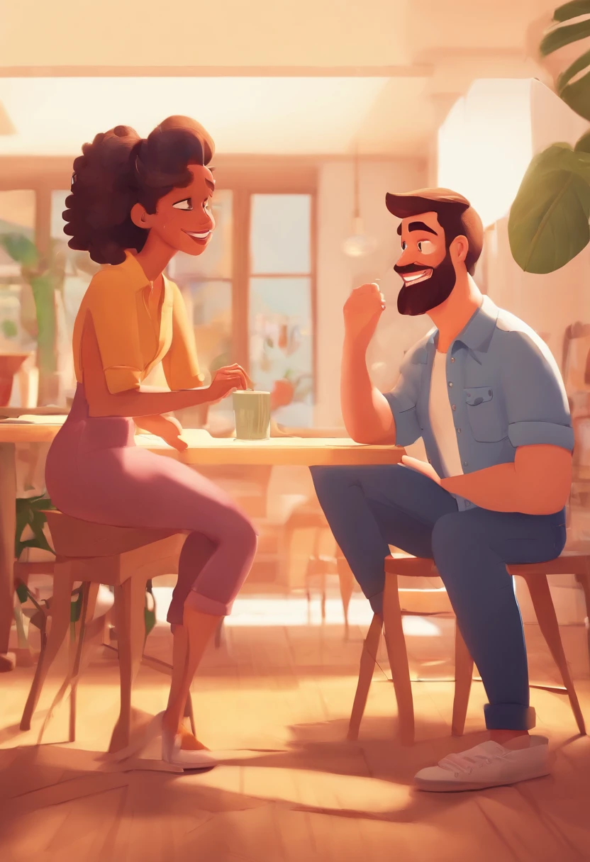 An illustration of an adorable couple, destacando um homem e uma mulher com bonito, Expressive eyes – the man has a brown lumberjack beard and the man's skin is white and the man's hair is brown and has a topknot, while the woman's skin is white and the woman's hair is straight and brown. They are a bright room, cada um com um sorriso no rosto, e compartilhar um momento especial caracterizado pelo amor, arroz, e insights educacionais. Illustrate this scene from a perspective where they are facing away from the camera, Showing Your Connection. Desenvolva esta arte em Full HD, Focus on your cinematic touch, Estilo Disney Pixar Animations