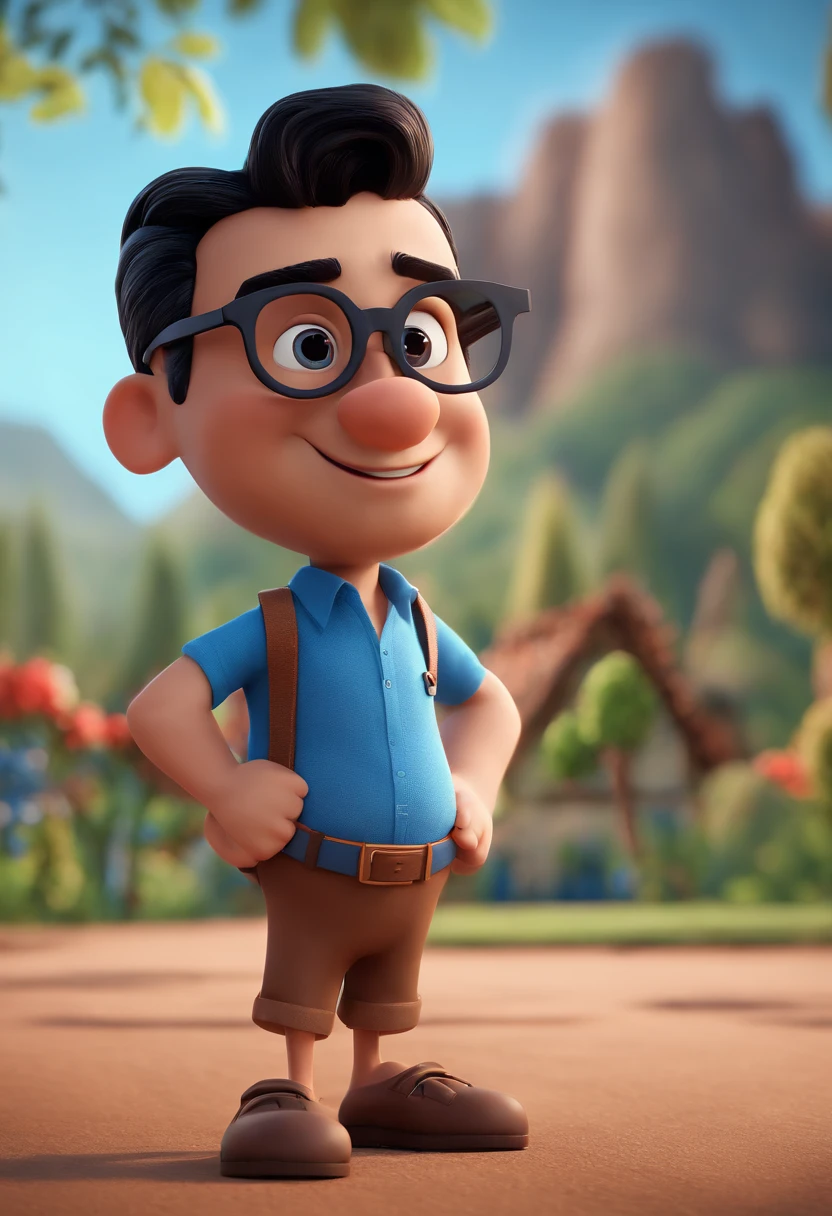 Cartoon character of a man with black glasses and a blue shirt, animation character, Caractere estilizado, animation style rendering, 3D estilizado, Arnold Maya render, 3 d render stylized, toon render keyshot, Personagem 3D, Personagem 3D, 3d rendering stylized, 3 d character render, personagem de desenho animado, Personagem de close up, Pose de personagem, (Estilo Pixar) (master part:1.2) (Bokeh) (best quality) (pele detalhada) (textura detalhada) (8k) (argila) (Cinematic lighting) (foco nítido