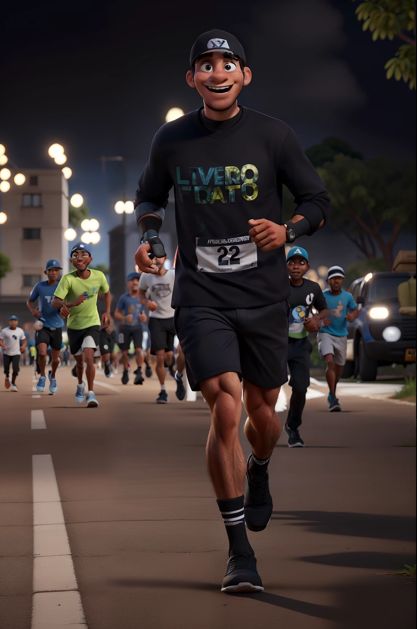 Rapaz pardo de 22 anos de idade, com um leve sorriso no rosto, with black cap on his head, camisa azul, Black sock with three white lines horizontally, He's running and other people running after him, imagem estilo pixar, alta qualidade, melhor qualidade