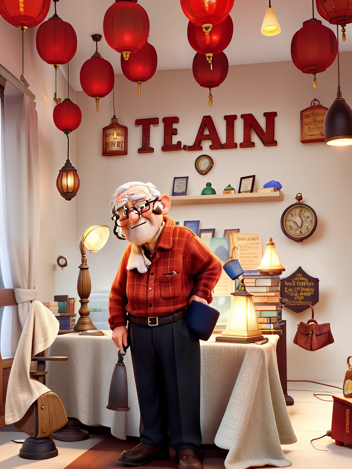 A wise old man standing in front, illuminated by the light of a lamp, against the backdrop of a library