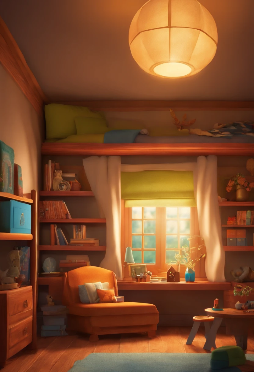 personagem dos desenhos animados,um de cabelo liso castanho,iluminado pela luz de seu quarto com uma estante de livros ao fundo com sua cama atras do meninoo pixar disney,alta qualidade