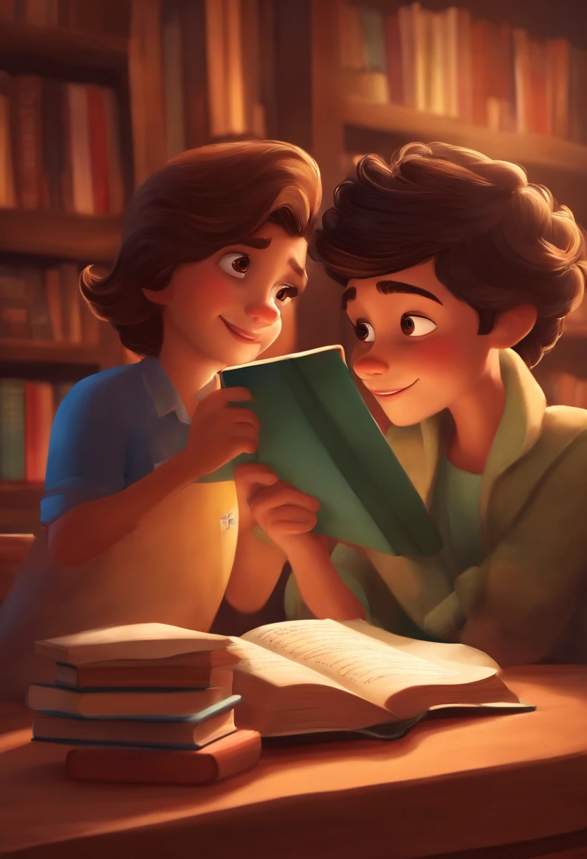 personagem dos desenhos animados,um de cabelo liso castanho,iluminado pela luz de seu quarto com uma estante de livros ao fundo com sua cama atras do meninoo pixar disney,alta qualidade