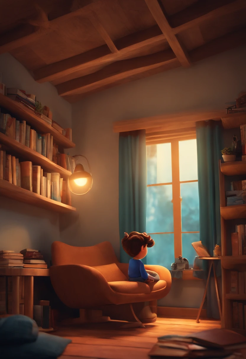 personagem dos desenhos animados,um menino de cabelo liso castanho,iluminado pela luz de seu quarto com uma estante de livros ao fundo com sua cama atras do menino,estilo pixar disney,alta qualidade