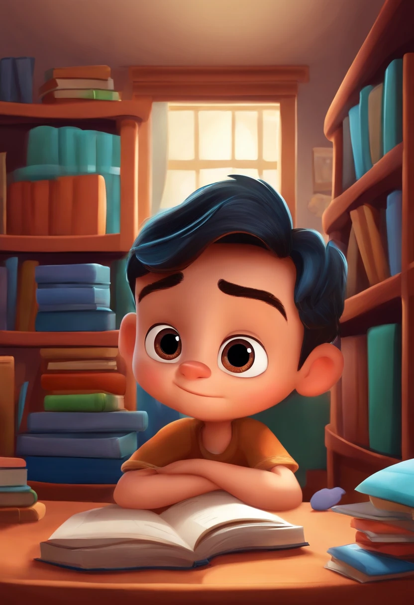 personagem dos desenhos animados,um menino de cabelo liso castanho,iluminado pela luz de seu quarto com uma estante de livros ao fundo com sua cama atras do menino,estilo pixar disney,alta qualidade
