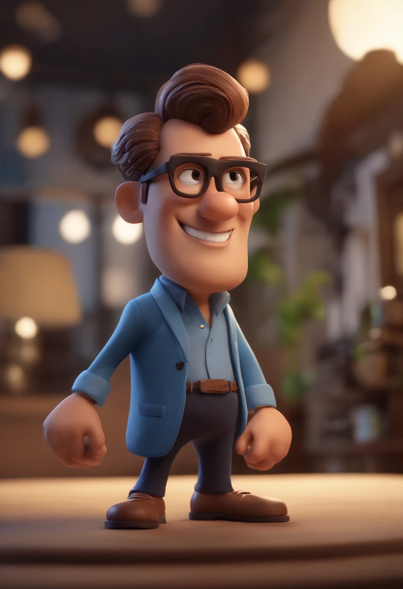 Cartoon character of a man with black glasses, cabelo cacheado marrom escuro e uma camisa azul, animation character, Caractere estilizado, animation style rendering, 3D estilizado, Arnold Maya render, 3 d render stylized, toon render keyshot, Personagem 3D, Personagem 3D, 3d rendering stylized, 3 d character render, personagem de desenho animado, Personagem de close up, Pose de personagem,  (Estilo Pixar) (master part:1.2) (Bokeh) (best quality) (pele detalhada) (textura detalhada) (8k) (argila) (Cinematic lighting) (foco nítido