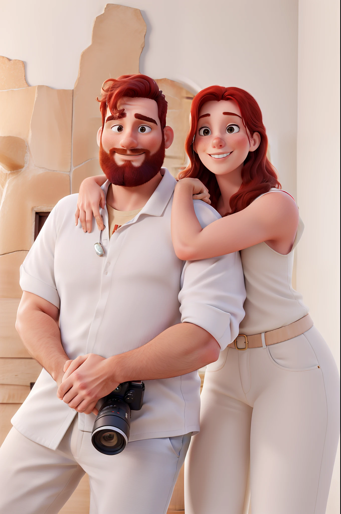 obra-prima, de melhor qualidade, Man holding camera, Man with brown hair and medium beard, Red-haired woman hugging