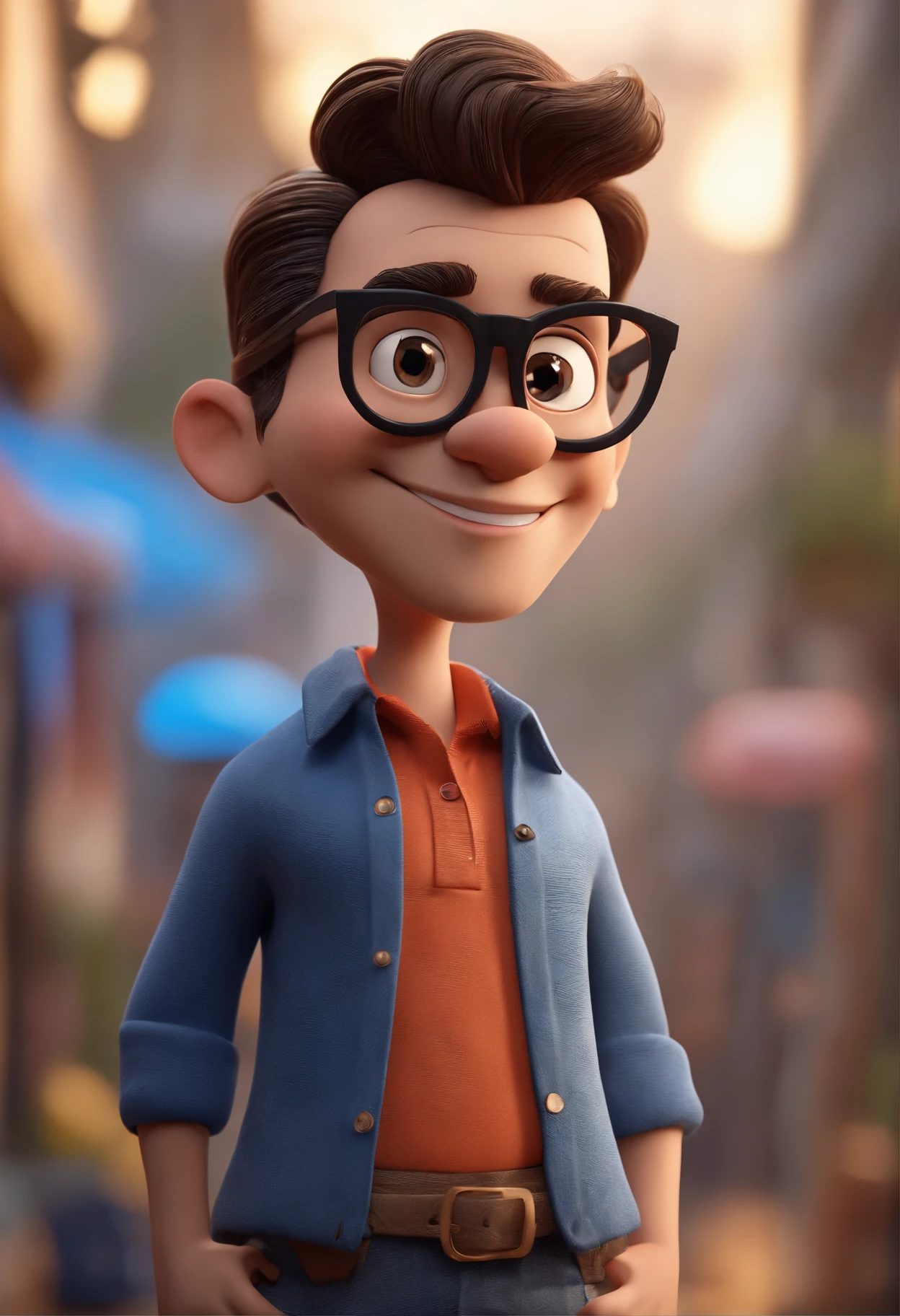 Cartoon character of a man with black glasses and a blue shirt, animation character, Caractere estilizado, animation style rendering, 3D estilizado, Arnold Maya render, 3 d render stylized, toon render keyshot, Personagem 3D, Personagem 3D, 3d rendering stylized, 3 d character render, personagem de desenho animado, Personagem de close up, Pose de personagem, (Estilo Pixar) (master part:1.2) (Bokeh) (best quality) (pele detalhada) (textura detalhada) (8k) (argila) (Cinematic lighting) (foco nítido