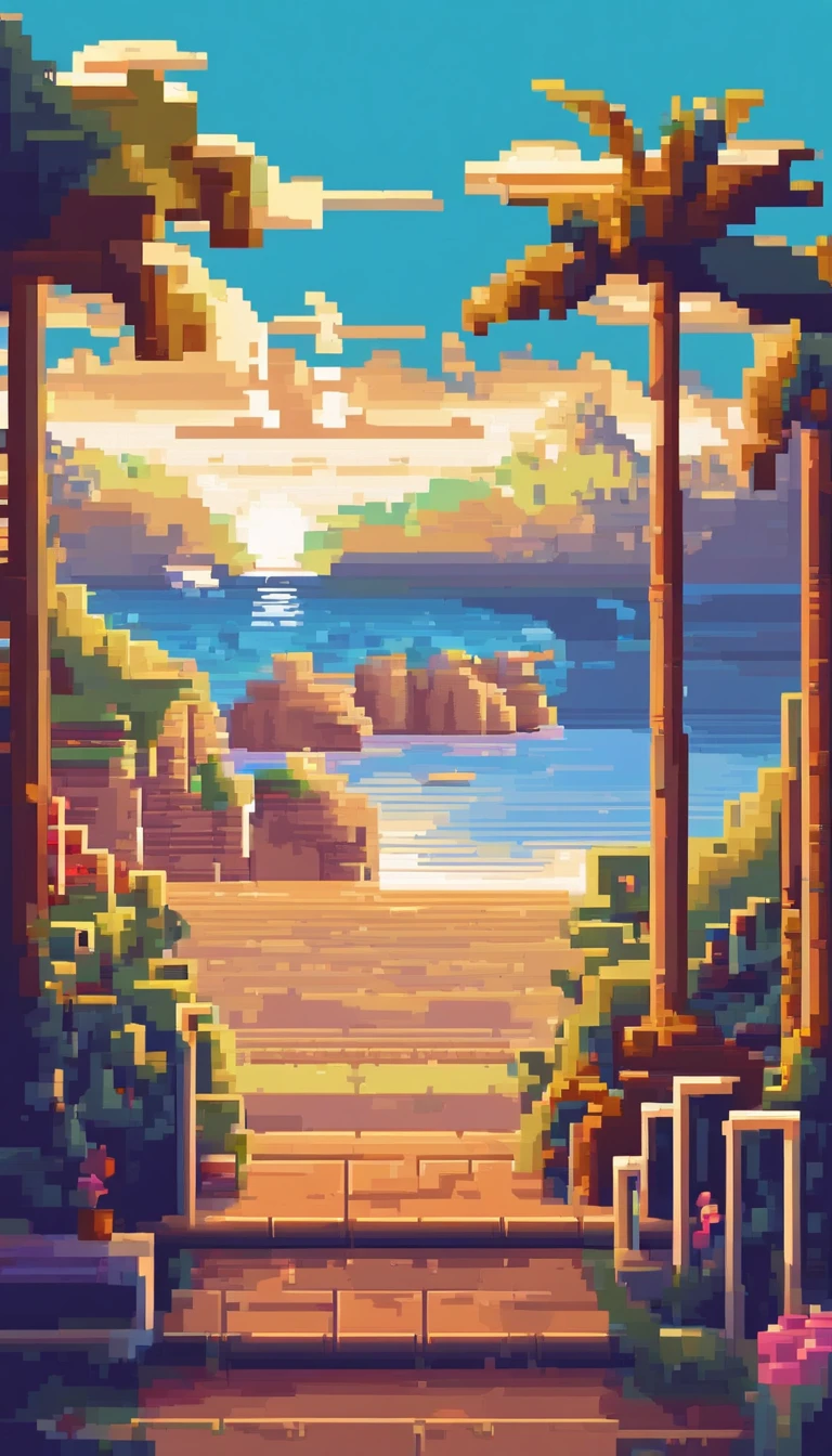 Paisagem de turismo de pixel art. Noite. Pixel Art 3D Papel de parede 4K. Amazing pixel art detail. Pixel Art. Ondas de vapor. Pixel Art detalhado do mecanismo irreal