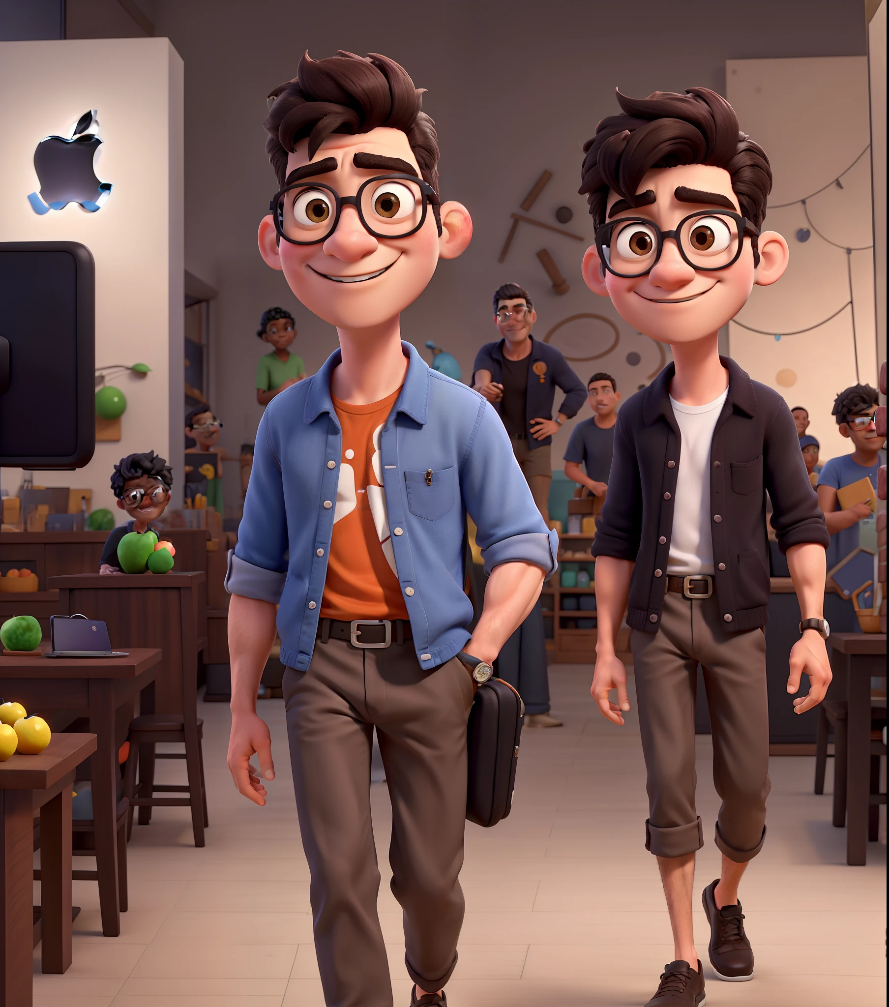 Personagem da pixar de 25 anos com cabelo preto curto raspado do lado , bespectacled , roupa esporte chique , sentado , with iPhone in hand and an Apple store behind him