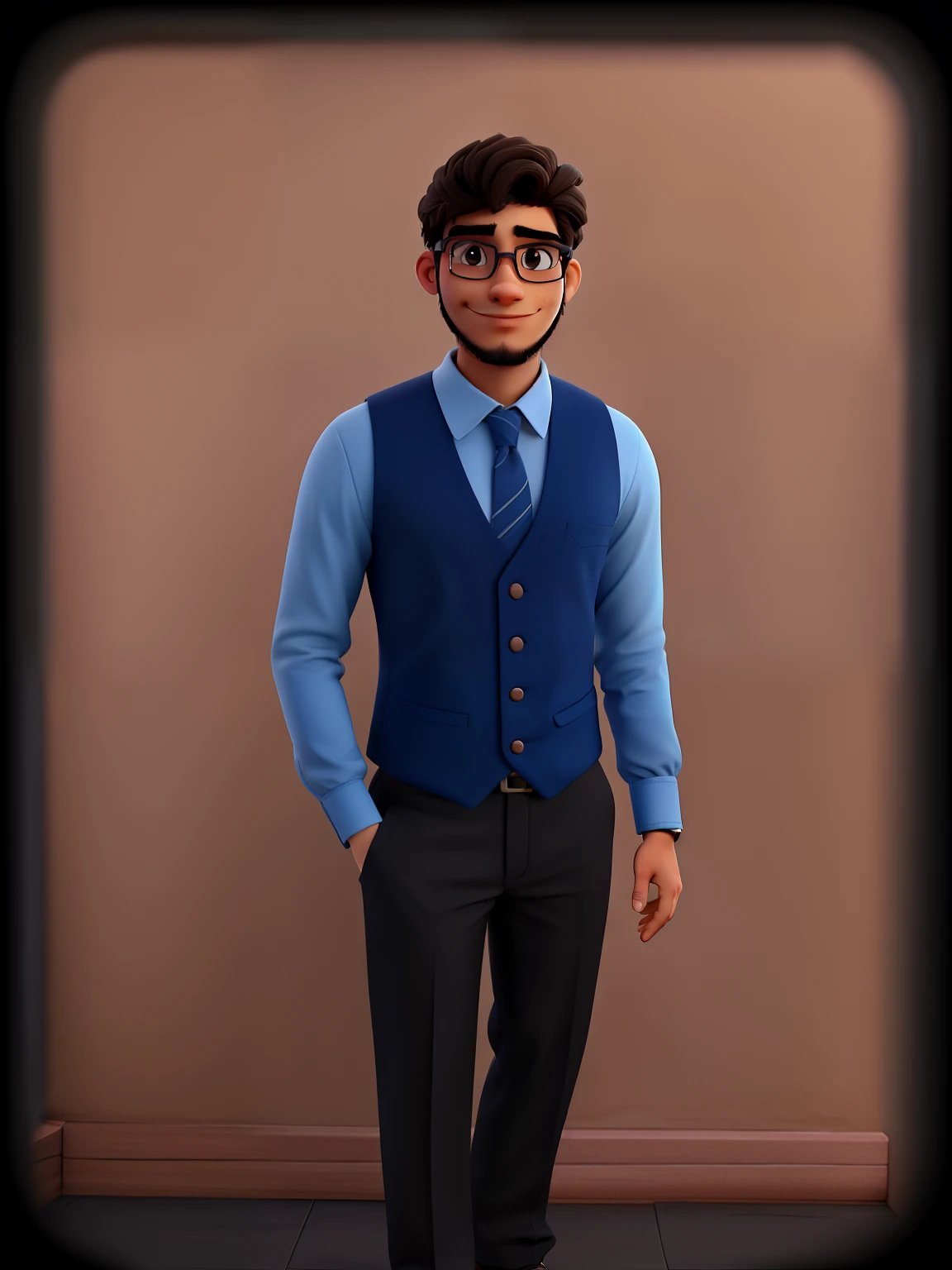 Garoto de 21 anos, sem barba, With eye Glasses, terno, colete social, fundo azul