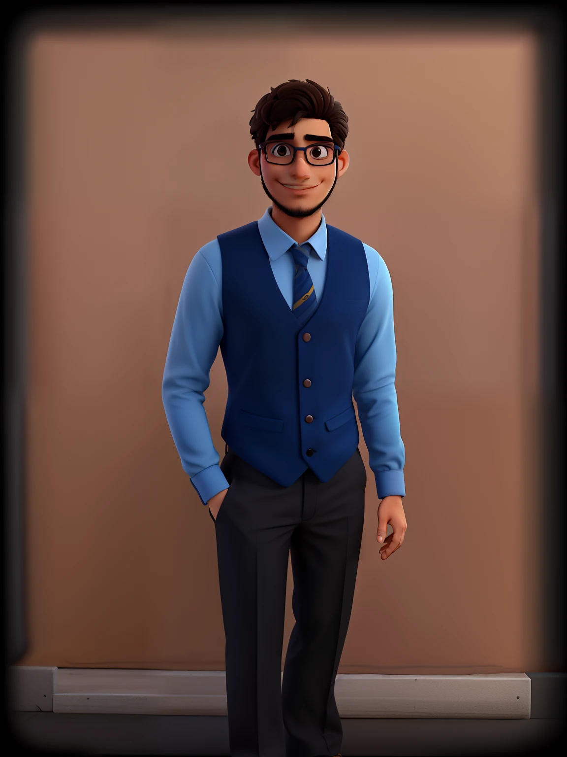 Garoto de 21 anos, sem barba, With eye Glasses, terno, colete social, fundo azul