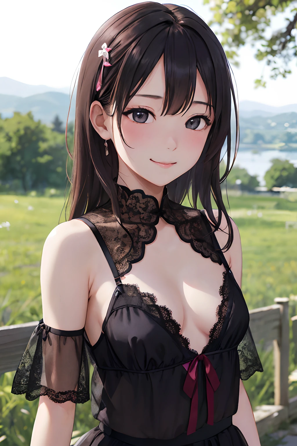 女の子1人, sixteen years old, the bow, (lace lingerie), bare chest, small breasts, cleavage, perky tits, a picture、realisticlying、top-quality、adopt、A detailed face、mare、细致背景、diffuse sunlight、depth of fields、Bokeh、embarassed expression,  smile, closed mouth, portrait, nip slip, see-through