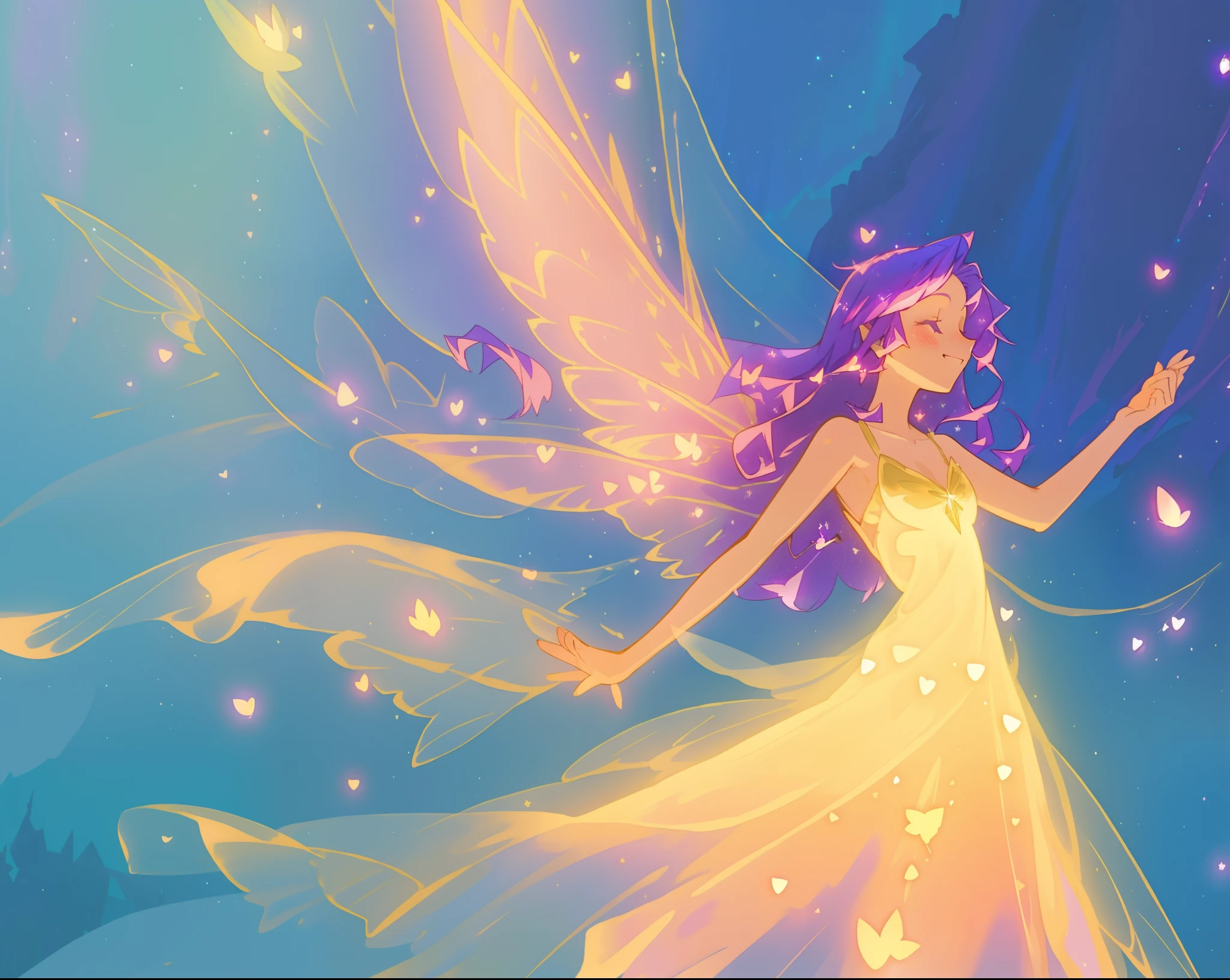 beautiful fairy girl in fluttering golden dress, fairy dress, (huge sparkling pink fairy wings), long dark purple hair, fairy queen, ((magical colorful otherworldly landscape)), (glowing fairy wings), glowing flowing ballgown, long hair, sparkling fairy wings, watercolor illustration, glowing aura around her, glowing lights, beautiful digital illustration, fantasia otherworldly background, beautiful, (masterpiece), best quality