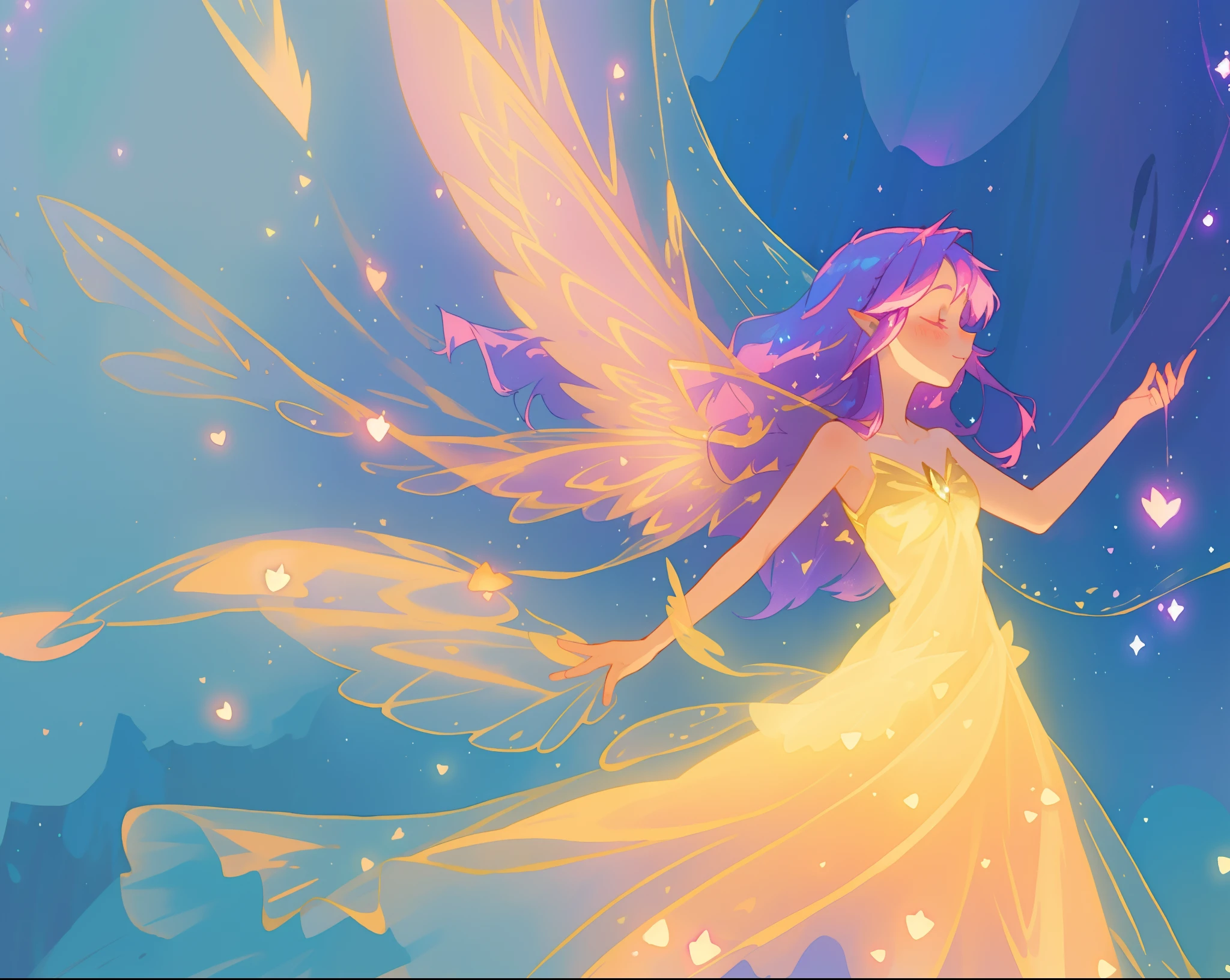 beautiful fairy girl in fluttering golden dress, fairy dress, (huge sparkling pink fairy wings), long dark purple hair, fairy queen, ((magical colorful otherworldly landscape)), (glowing fairy wings), glowing flowing ballgown, long hair, sparkling fairy wings, watercolor illustration, glowing aura around her, glowing lights, beautiful digital illustration, fantasia otherworldly background, beautiful, (masterpiece), best quality