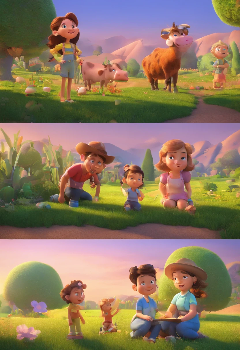 Estilo Pixar: Familia, Um pai, A mother and two girls. Uma menino de 6 anos e outro de 2 anos . Uma fazenda com vacas lindas e marrom .