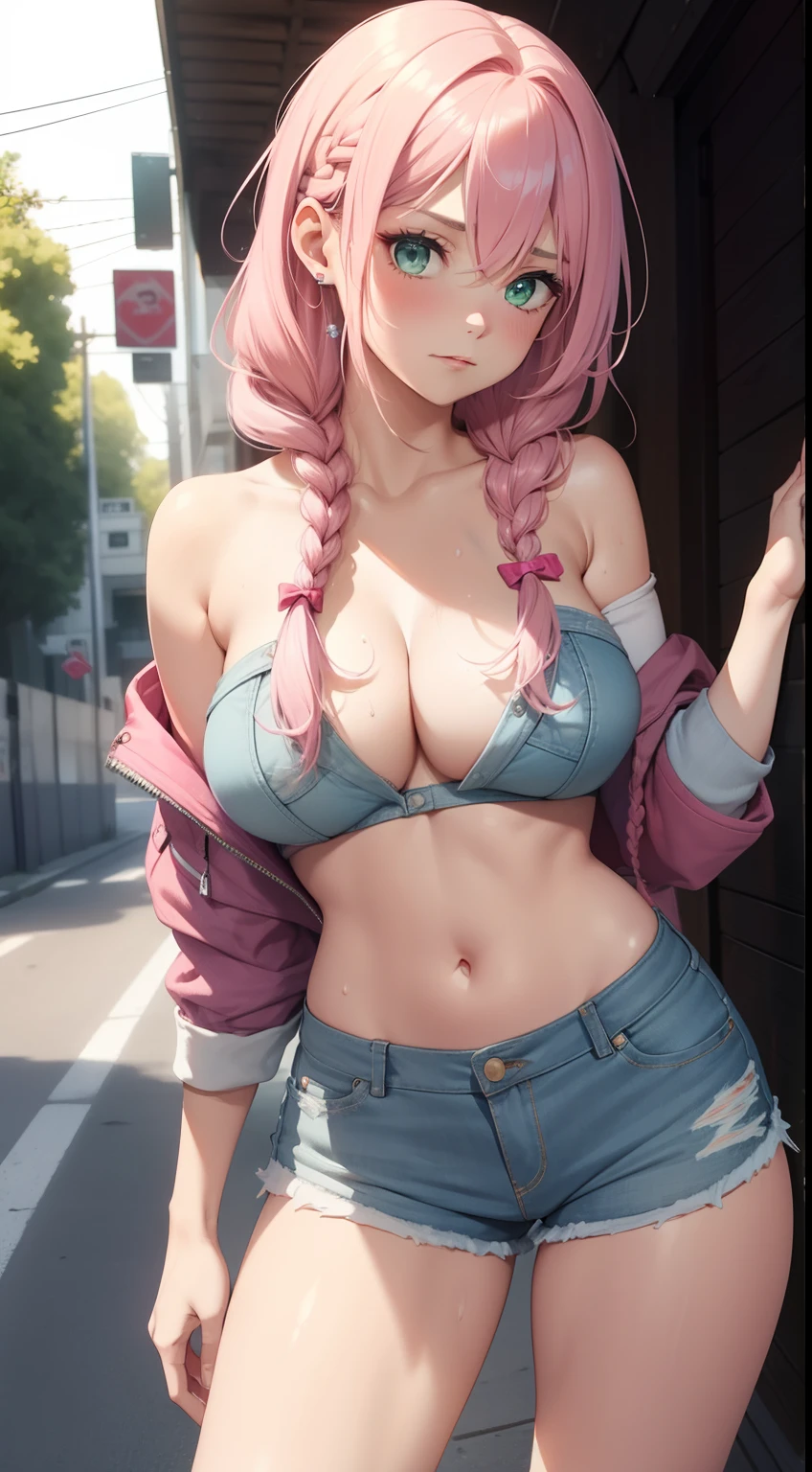 ((Best quality,8K,tmasterpiece:1.4)), Pink hair,Long braid on one side, exteriors, Plain white one-word bandeau underwear, Bare chest,huge tit, shiny skins,sweat leggs,tight ripped denim shorts, Green eyes