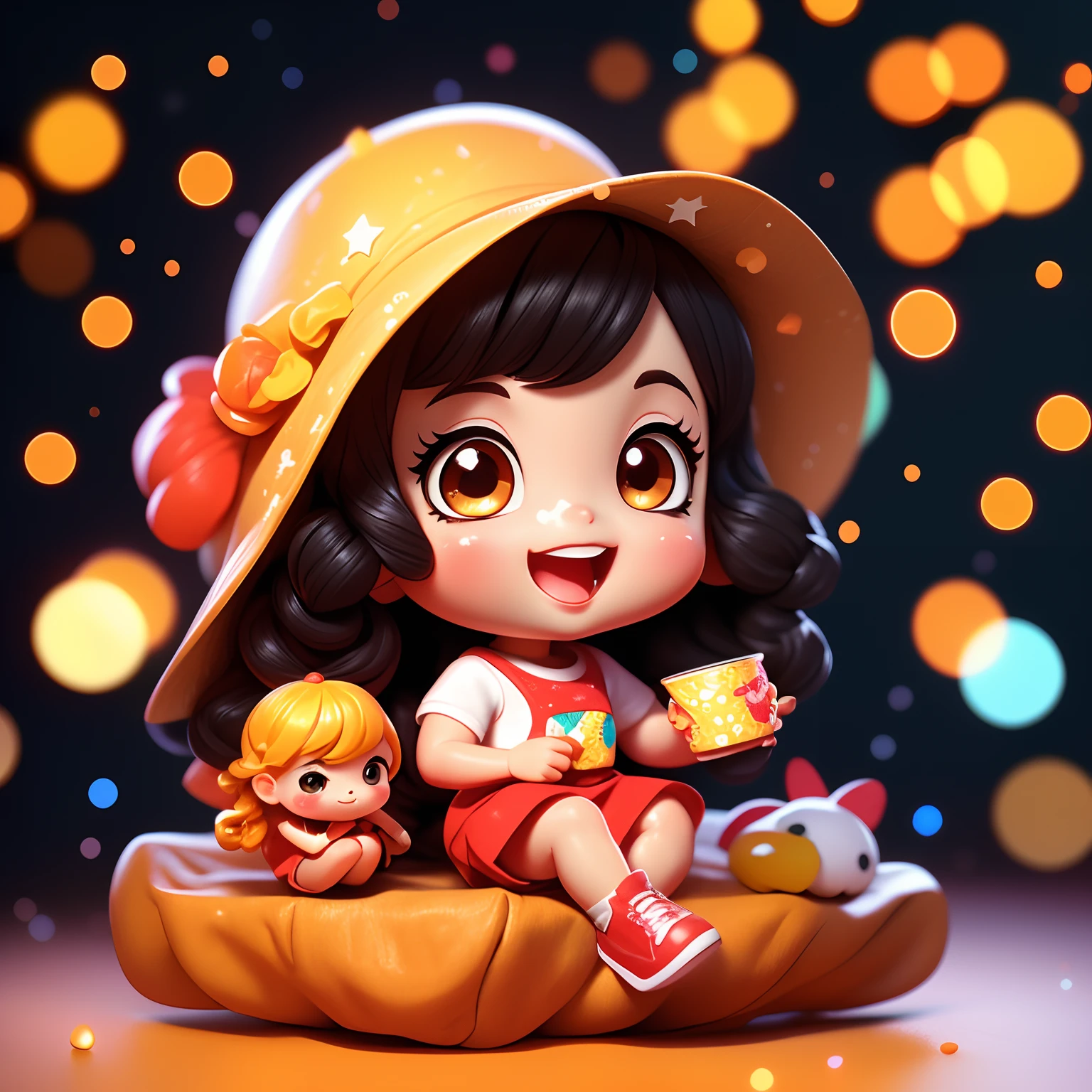 There is a small doll on the lid of the cup noodles、A smile、Chibi Doll、Stars in the eyes（kirakira）、Eye Up、Long Black Hair、Laugh、Cute red shoes、Ultra Detail, radiant light、bio luminescent、Taken from the side、Stronger bokeh effect