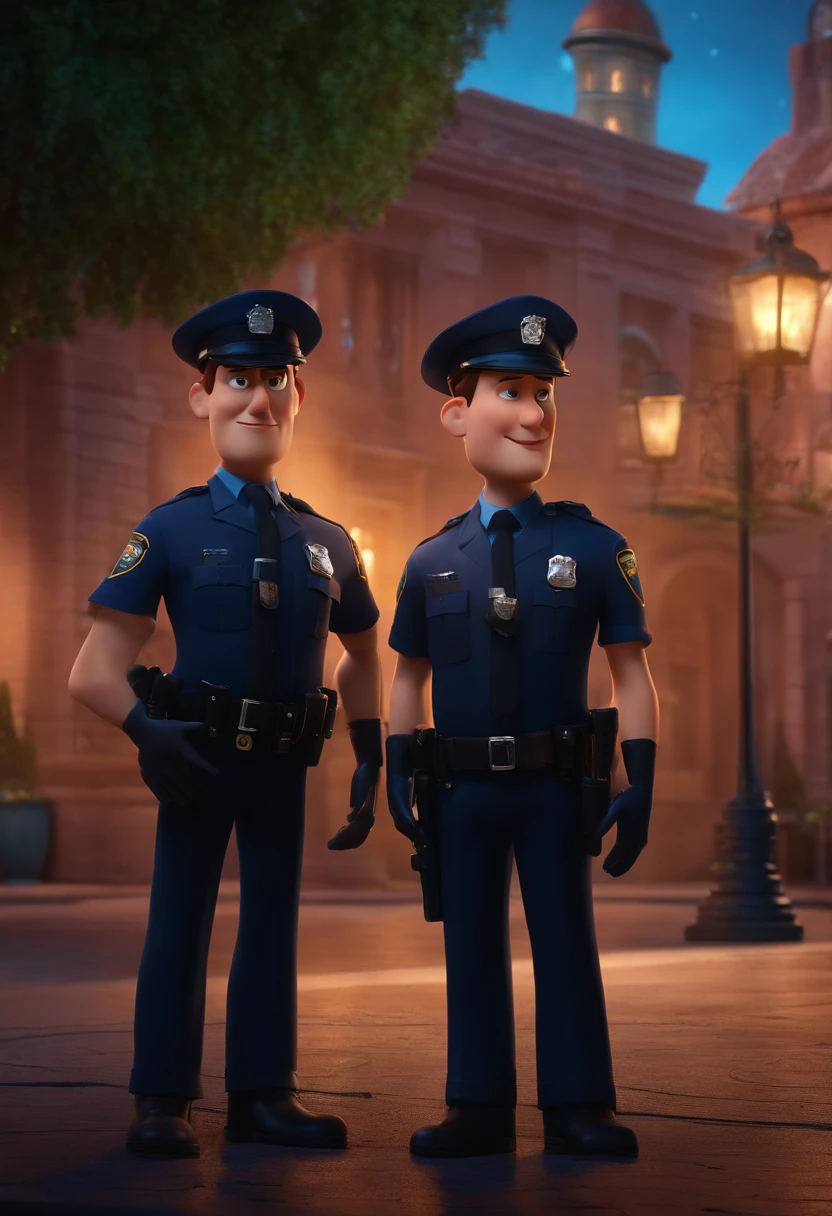 Two police officers looking at a dream project inspired by Pixar animation, de perto. The character takes center stage with captivating facial expressions, oferecendo um toque de irrealidade
