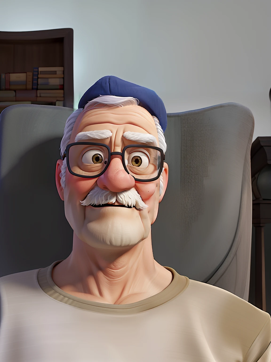 A wise old man standing in front, illuminated by the light of a lamp, against the backdrop of a library