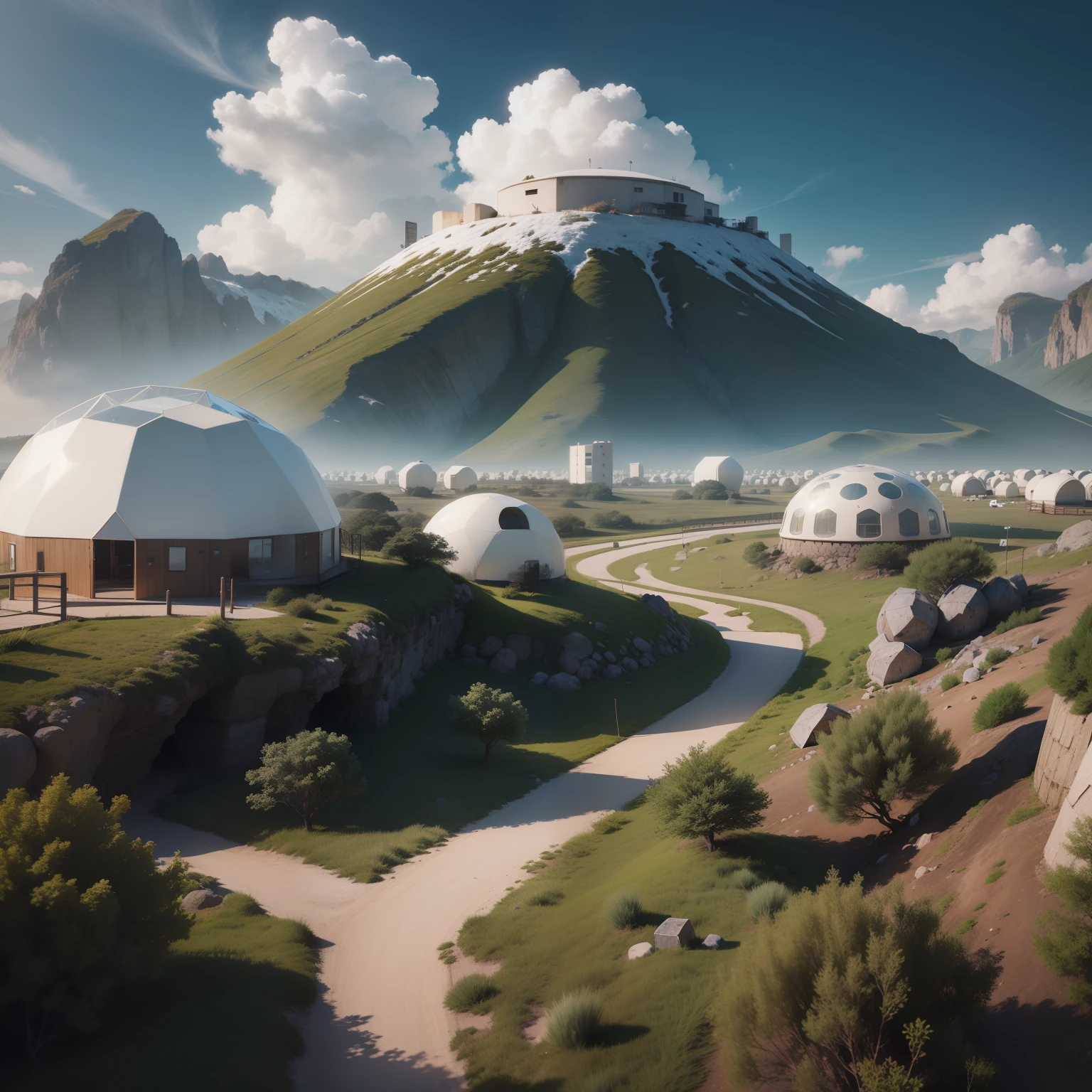 Mountain area at the foot of the sea, Undergrowth zone, Arquitetura futurista, construction of various igloos, Glamping, domos,Arquitetura futurista, Bioclimatic Architecture, Iglos brancos, white domes, tendas, Campismo, solar panels. tendas zen sobre plataformas de madeira em estacas no terreno, wooden walkways between the igloos, Arquitetura Deslumbrante, renderizado, Ultra HD 3d  hiper-realismo, muito detalhe, obra-prima,  mais alta qualidade, detalhe intrincado, melhor textura, realista, 8k, luz suave, sombra perfeita, 
celestial, , Sleeping capsule, Ubobadadas , e de realidade virtual