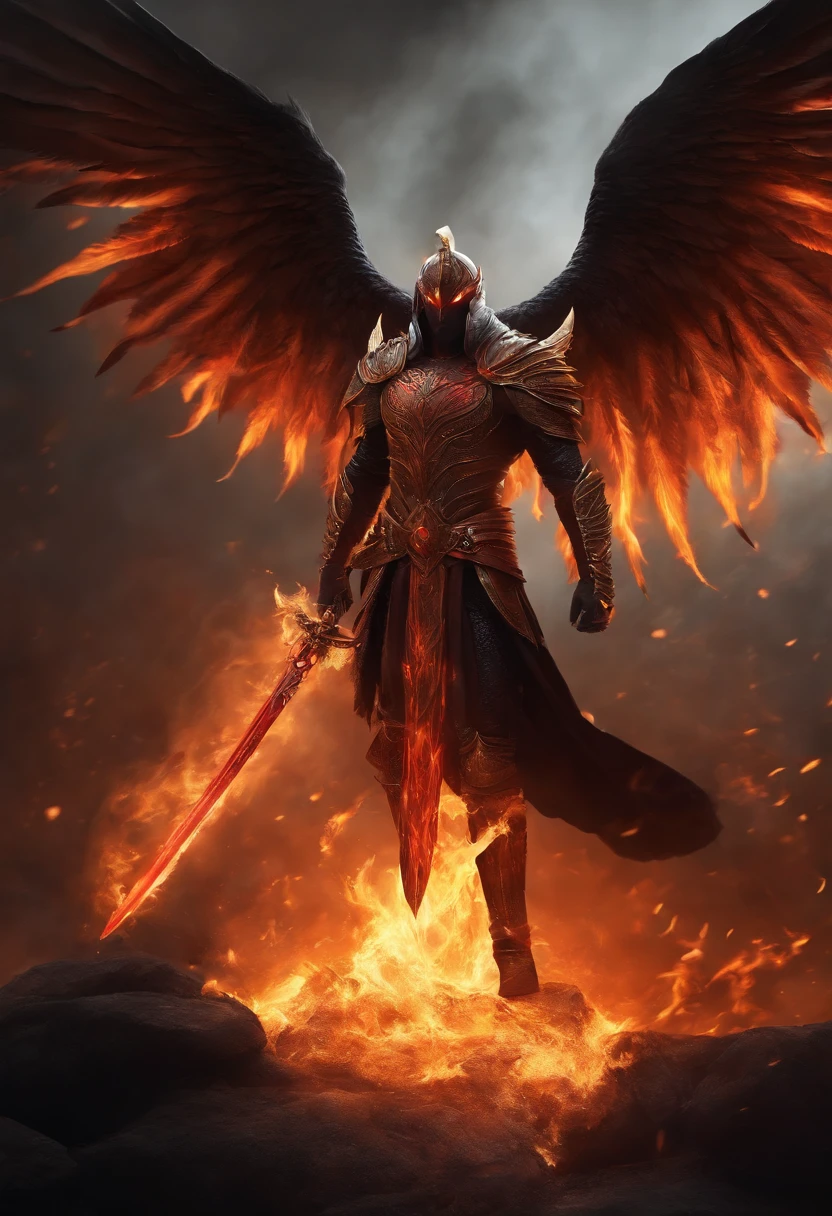 Fire God, Completely Strong Sword with Thick Blade, Black Wings with Fire