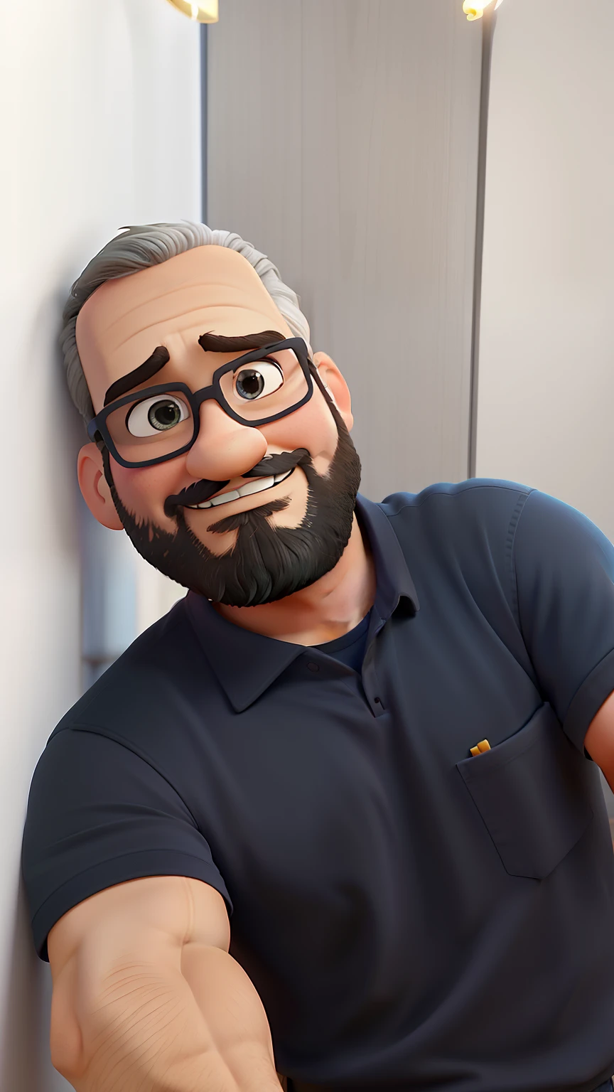 Poster no estilo Disney pixar, alta qualidade, melhor qualidade, homem sexy branco, 30 anos cabelo grisalho barba preta, musculoso, com fundo em um restaurante a luz de velas