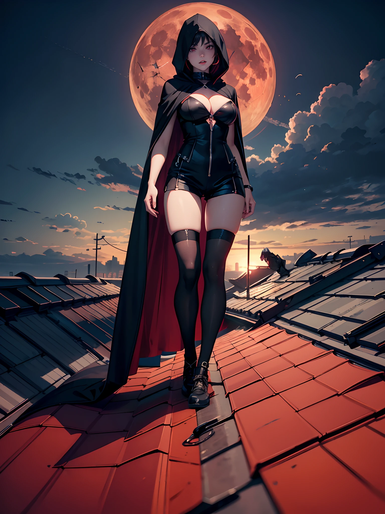 Masterpiece, girl:1.1,young woman,white skin,(cape,black suit,hood cape),collar shirt,shorts skirt,black thigh long sock,woman assassin,whole body covered,(full body:1.4), panorama shot:1.2,dark shadow,demonic color,red moon lighting,nightmare,short hair,cinematic lighting, sharp focus, highly detailed,hot colors,large breast:1.2,(on the castlr roof:1.4)