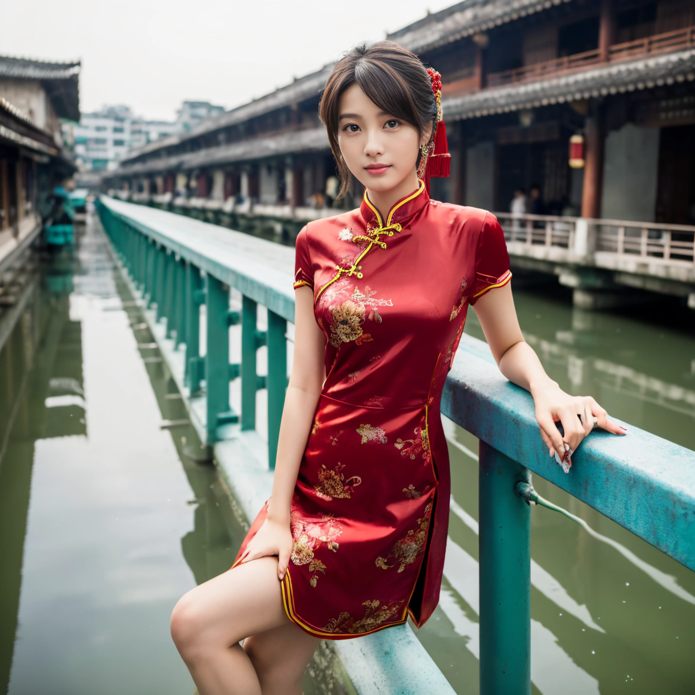 (8k, RAW photo, best quality, masterpiece:1.2), (realistic, photo-realistic:1.4), (extremely detailed 8k wallpaper), Japanese 20 age woman,she is wearing a cheongsam,The background is Chinatown,Her beautiful legs attract attention from all around her.She is embarrassed by the gaze of those around her,she is smiling,she is sitting and resting