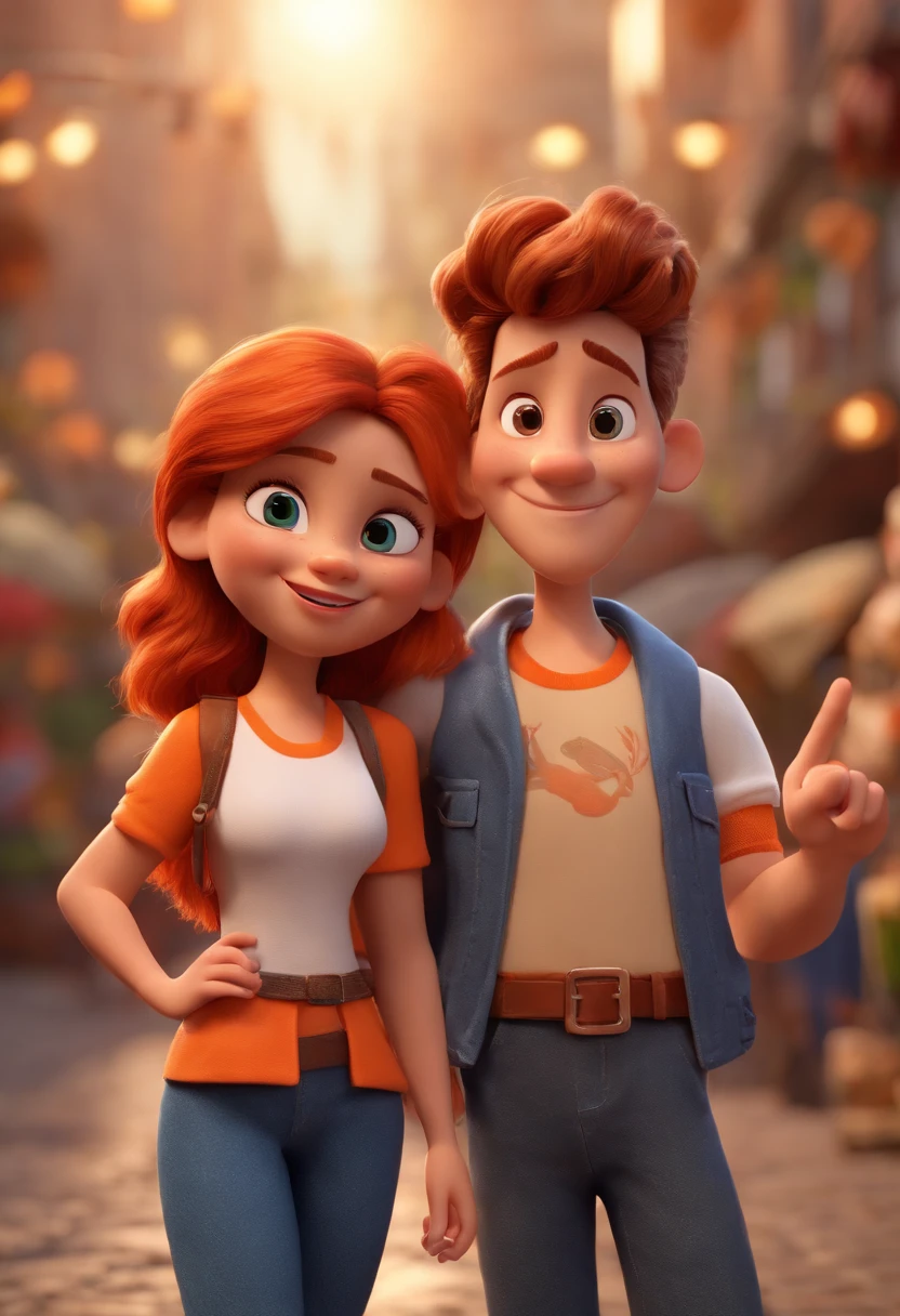 Cartoon character of a girl wearing an orange crop top making the peace sign with her hands and a boy with long red hair with a white t-shirt in a market, animation character, Caractere estilizado, animation style rendering, 3D estilizado, Arnold Maya render, 3 d render stylized, toon render keyshot, Personagem 3D, Personagem 3D, 3d rendering stylized, 3 d character render, personagem de desenho animado, Personagem de close up, Pose de personagem, (Estilo Pixar) (master part:1.2) (Bokeh) (best quality) (pele detalhada) (textura detalhada) (8k) (argila) (Cinematic lighting) (foco nítido