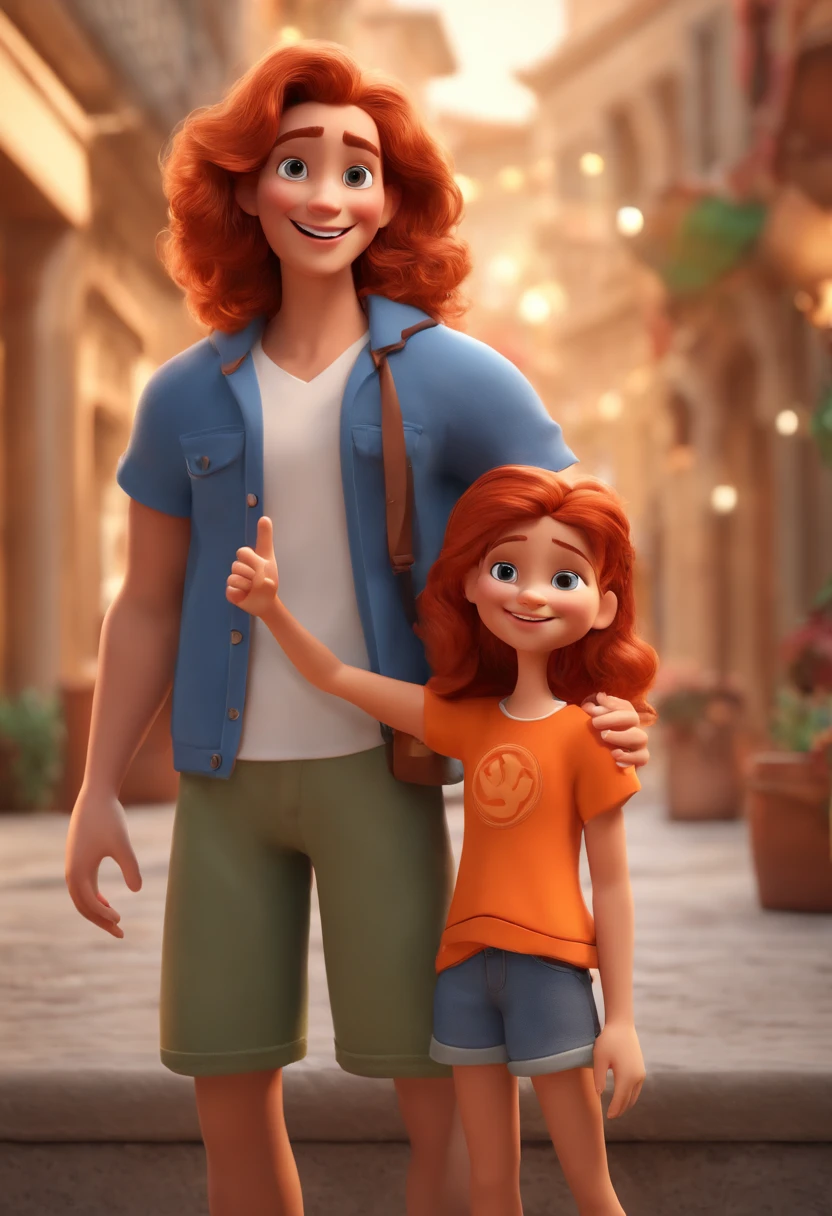 Cartoon character of a girl wearing an orange crop top making the peace sign with her hands and a boy with long red hair with a white t-shirt in a market, animation character, Caractere estilizado, animation style rendering, 3D estilizado, Arnold Maya render, 3 d render stylized, toon render keyshot, Personagem 3D, Personagem 3D, 3d rendering stylized, 3 d character render, personagem de desenho animado, Personagem de close up, Pose de personagem,  (Estilo Pixar) (master part:1.2) (Bokeh) (best quality) (pele detalhada) (textura detalhada) (8k) (argila) (Cinematic lighting) (foco nítido
