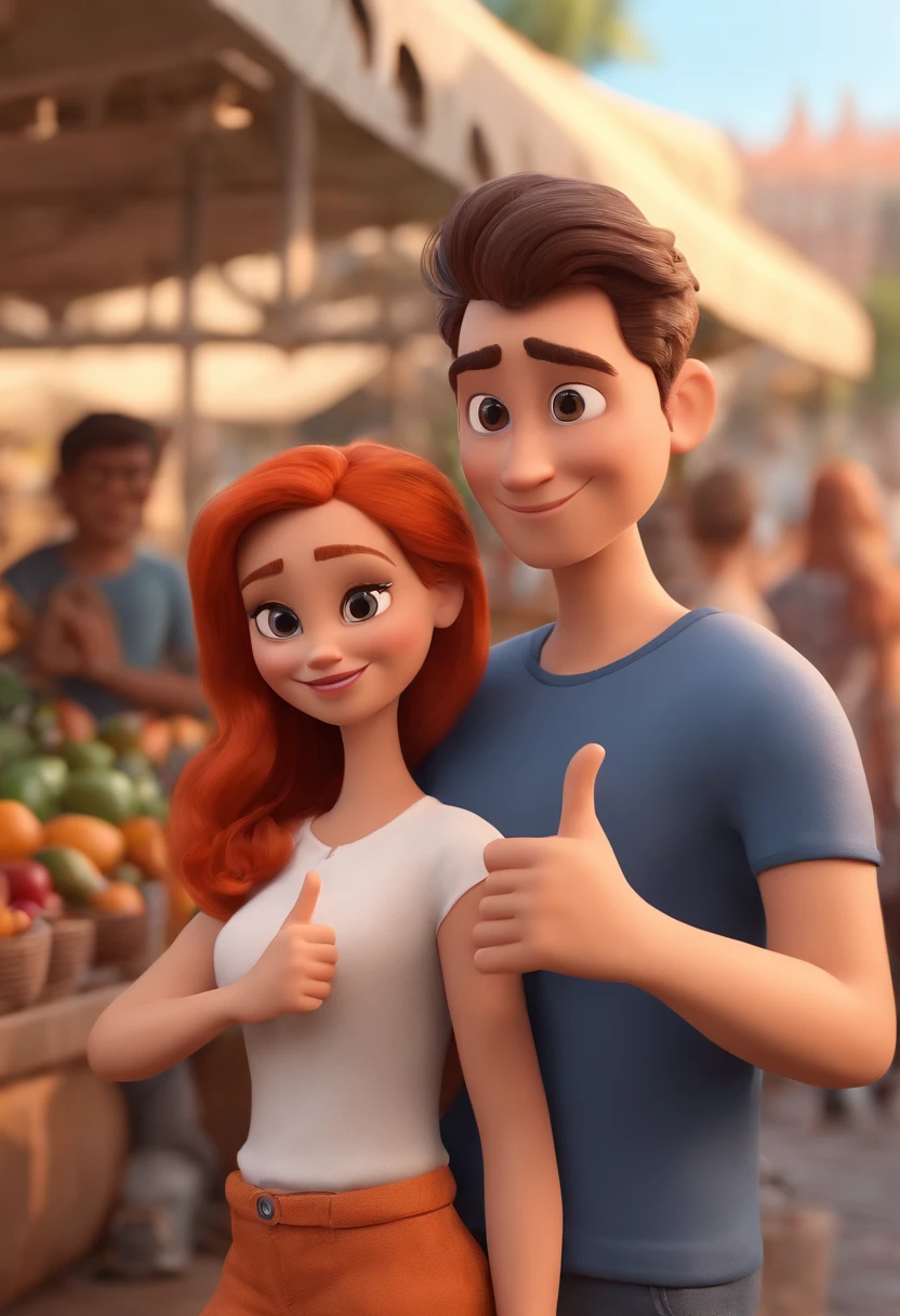 Cartoon character of a girl wearing an orange crop top making the peace sign with her hands and a boy with long red hair with a white t-shirt in a market, animation character, Caractere estilizado, animation style rendering, 3D estilizado, Arnold Maya render, 3 d render stylized, toon render keyshot, Personagem 3D, Personagem 3D, 3d rendering stylized, 3 d character render, personagem de desenho animado, Personagem de close up, Pose de personagem, (Estilo Pixar) (master part:1.2) (Bokeh) (best quality) (pele detalhada) (textura detalhada) (8k) (argila) (Cinematic lighting) (foco nítido