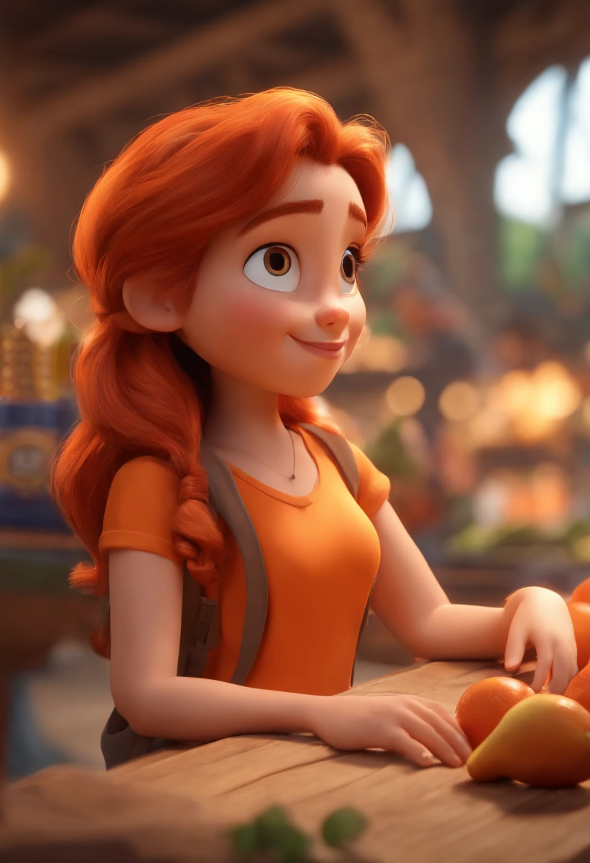 Cartoon character of a girl wearing an orange crop top making the peace sign with her hands and a boy with long red hair with a white t-shirt in a market, animation character, Caractere estilizado, animation style rendering, 3D estilizado, Arnold Maya render, 3 d render stylized, toon render keyshot, Personagem 3D, Personagem 3D, 3d rendering stylized, 3 d character render, personagem de desenho animado, Personagem de close up, Pose de personagem, (Estilo Pixar) (master part:1.2) (Bokeh) (best quality) (pele detalhada) (textura detalhada) (8k) (argila) (Cinematic lighting) (foco nítido