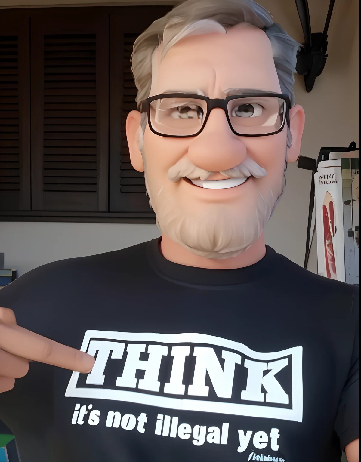 homem cabelos pouco grisalhos, com barba e bigodes ralo, inspirado na Disney Pixar, Wearing glasses in an office with a book on the table looking to the joyful future, with THINK inscribed t-shirt - it's not illegal yet, alta qualidade, melhor qualidade