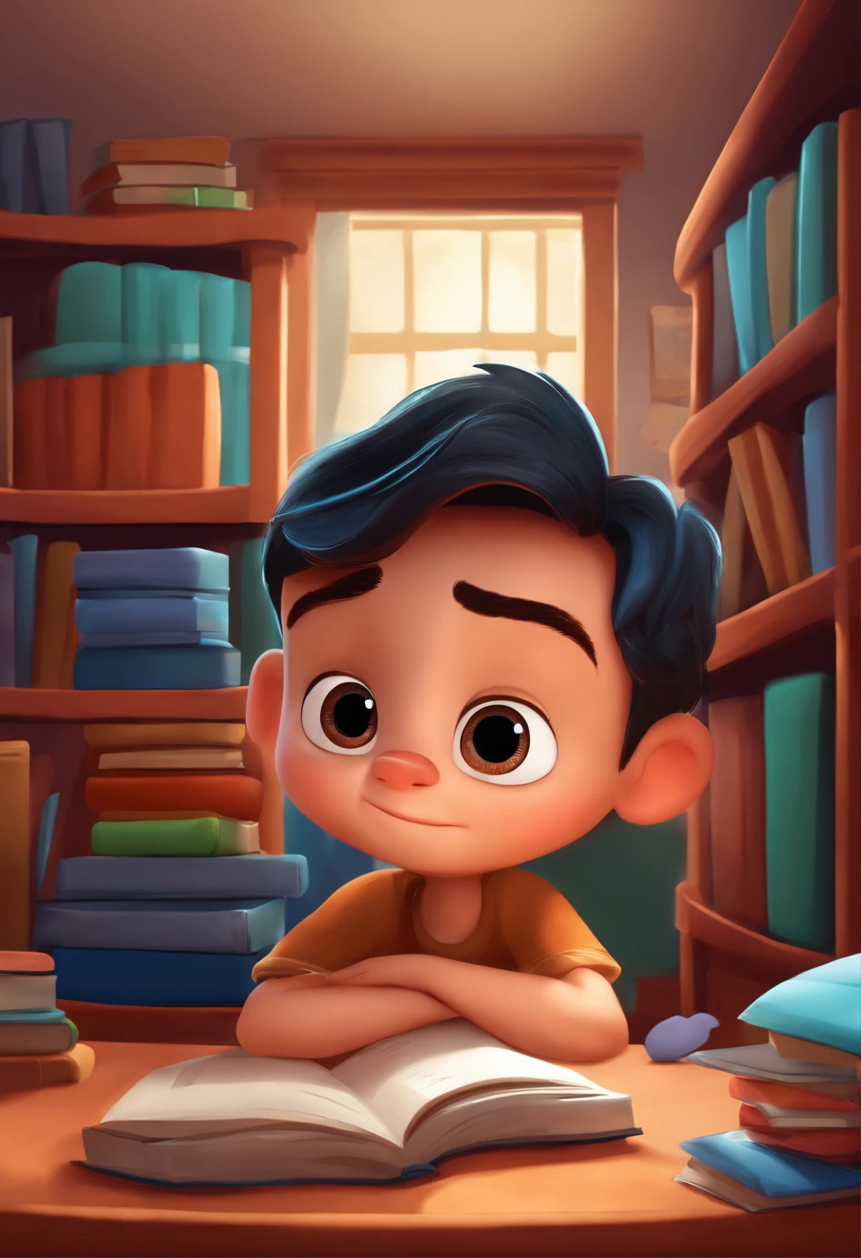 personagem dos desenhos animados,um menino de cabelo liso castanho,iluminado pela luz de seu quarto com uma estante de livros ao fundo com sua cama atras do menino,estilo pixar disney,alta qualidade