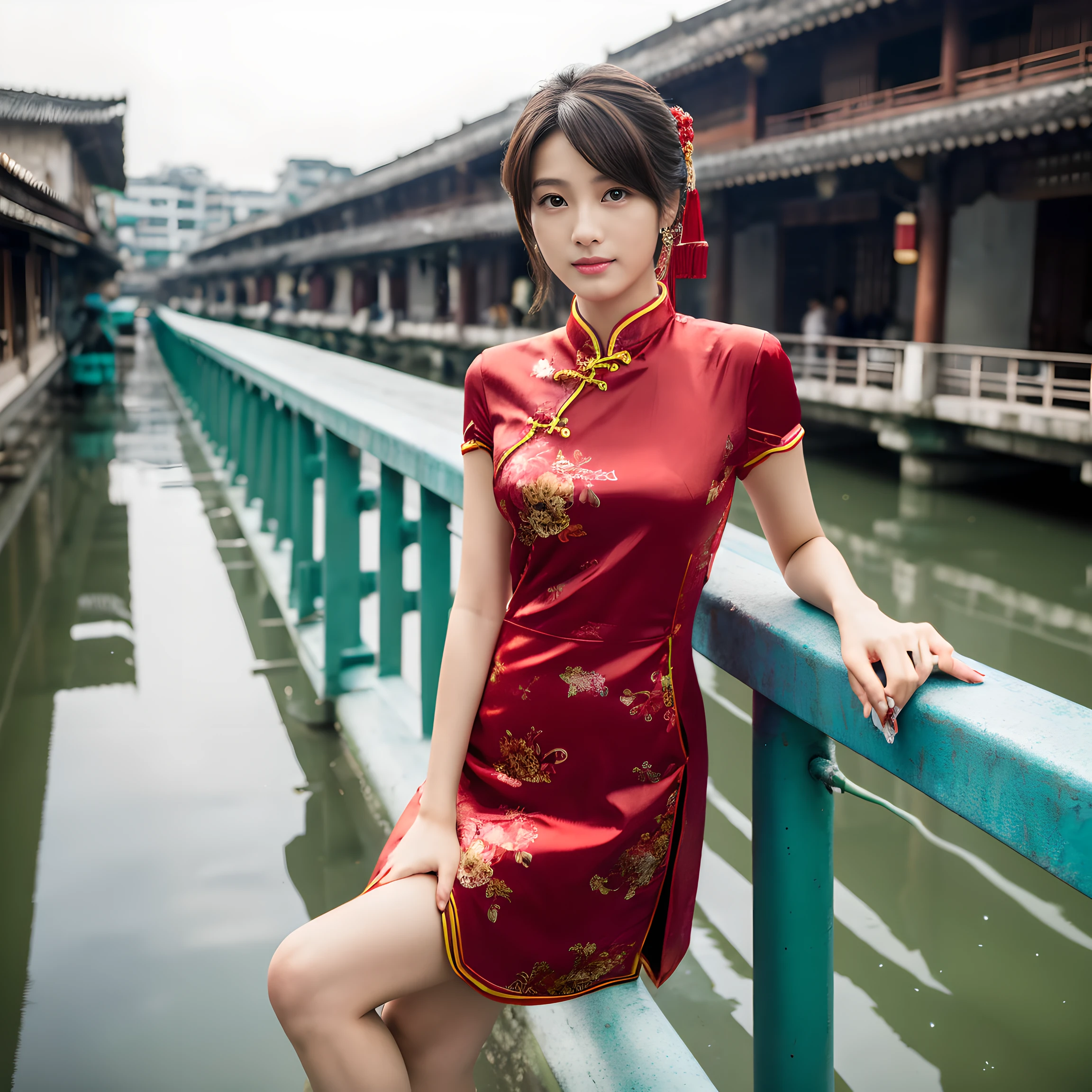 HD magazines,(((Standing on the small bridge in Wuzhen, an 18-year-old Chinese model wearing a traditional Chinese red cheongsam:1.3))),Full body photo,High-definition and detailed faces, (((Realistic detail expressions:1.3))),Sony SLR lens,Shoot at medium distance,电影灯光,hyper qualit