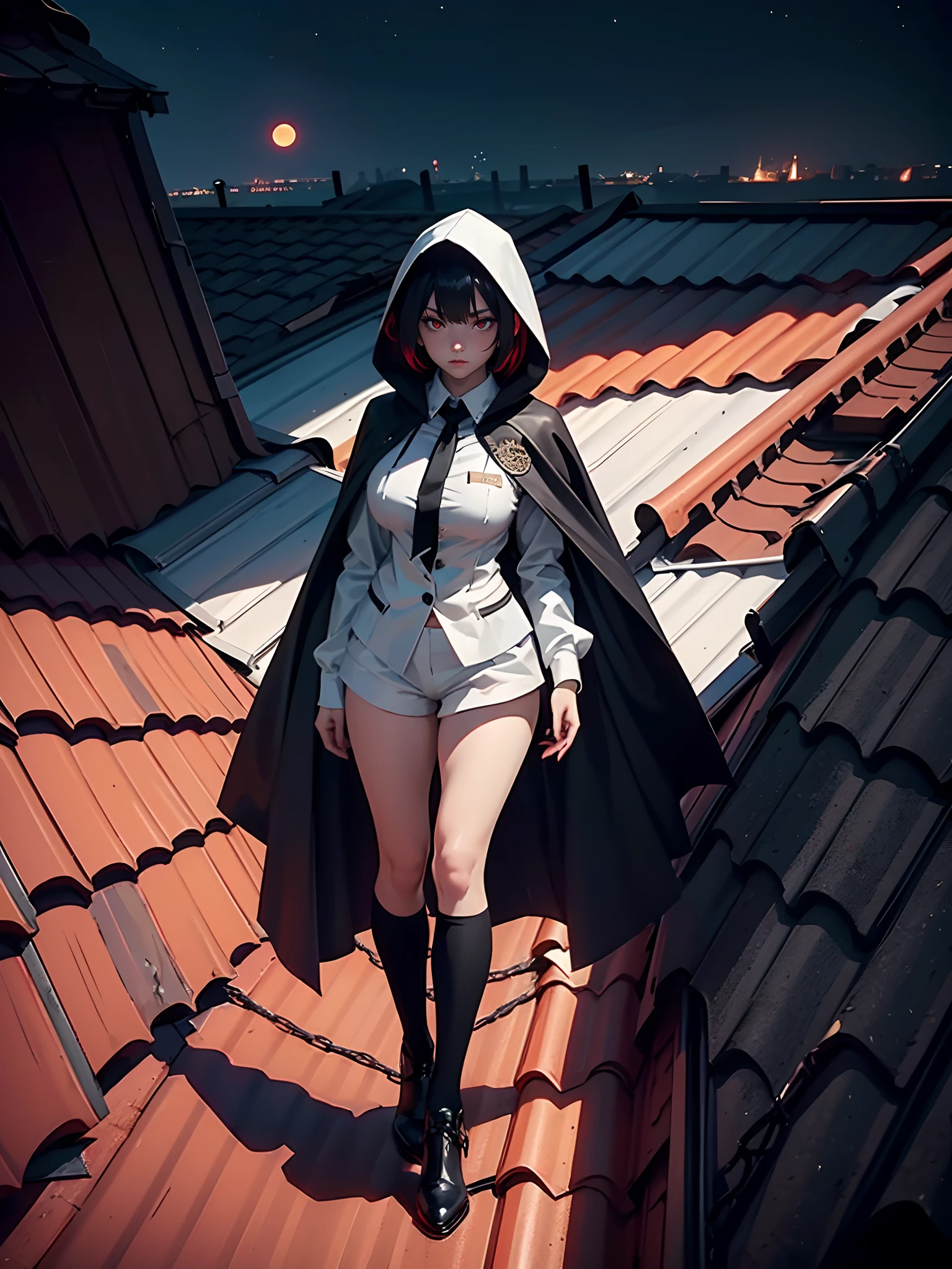 Masterpiece, girl:1.1,young woman,white skin,(cape,black suit,hood cape),collar shirt,shorts skirt,black thigh long sock,woman assassin,whole body covered,(full body:1.4), panorama shot:1.2,dark shadow,demonic color,red moon lighting,nightmare,short hair,cinematic lighting, sharp focus, highly detailed,hot colors,large breast:1.2,(on the roof:1.4)
