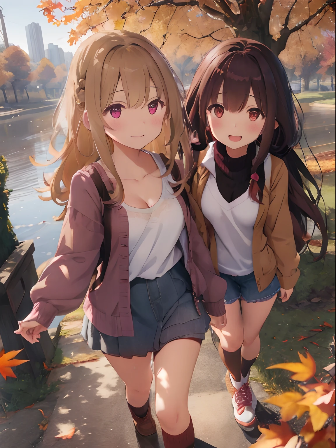 Fluffy long hair,Give bangs,Katyusha,Braids,Autumn outfit,Purple and light brown clothes,The sleeves of the clothes are a little long,I see a little cleavage,Moe Sleeve,Two people on a date,Lots of nature around the lakeside,The tree々Autumn leaves in autumn,Fruit Accessories(Grapes,muscat),Upper Eyes,Two people walking hand in hand,red tide,delighted expression,