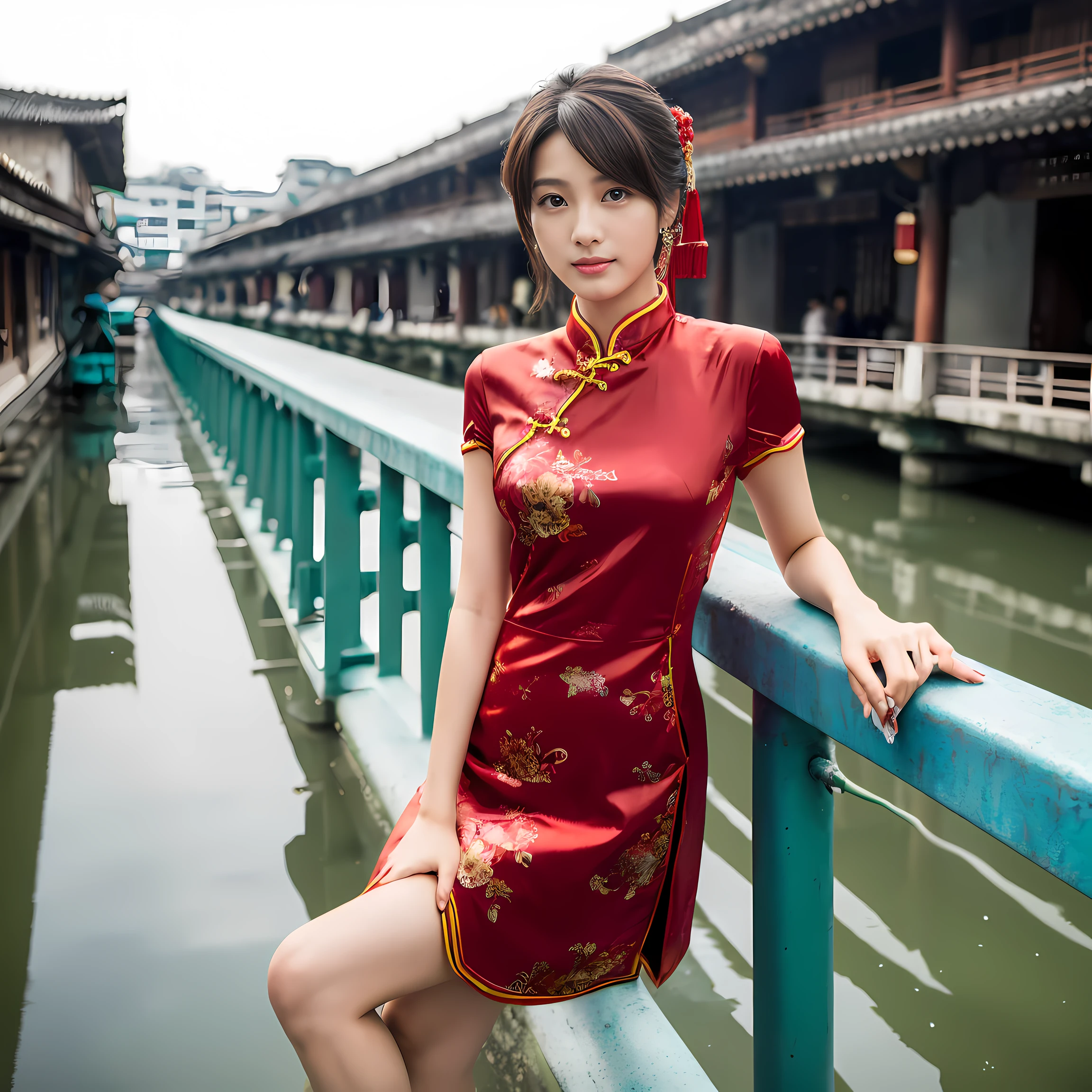 HD magazines,(((Standing on the small bridge in Wuzhen, an 18-year-old Chinese model wearing a traditional Chinese red cheongsam:1.3))),Full body photo,High-definition and detailed faces, (((Realistic detail expressions:1.3))),Sony SLR lens,Shoot at medium distance,电影灯光,hyper qualit