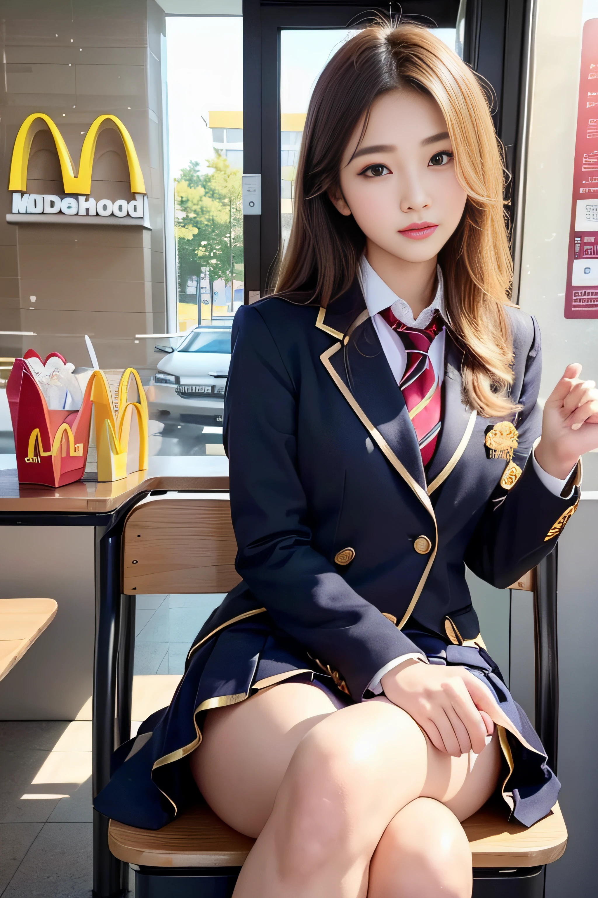 1womanl、(Super beautiful)、(beauitful face)、A detailed face、(High school students sitting at McDonald's)、with spreading legs、(high-school uniform)、(Wearing makeup)、(Golden head hair:1.2)