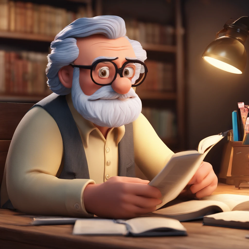 Crie um cartaz inspirado na Disney Pixar com o personagem sendo o pastor Rubens Janier, A gray-haired man wearing glasses, in an office with a Bible on the table