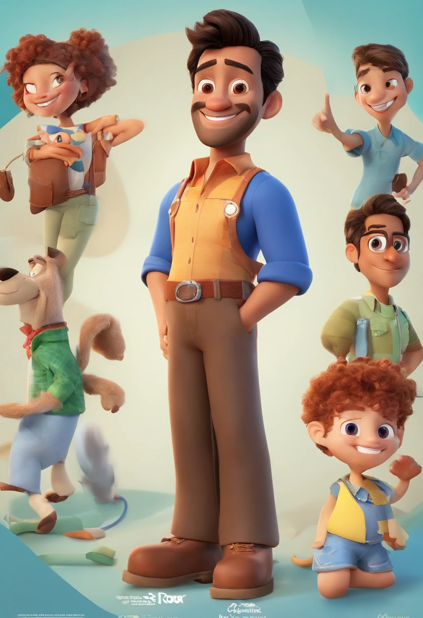 Criar Personagem de Desenho animado, in the style of Pixar's 3D animated film poster, Disney , pixar renderman rendering, maia 8 mil, animated film, Disney Pixar Estilo 3D, wearing light blue shirts and cream brown long pants, camisa azul clara, cream brown pants, ao ar livre, vacation, Disney Pixar Animated Poster Man Smiling, de barba , Mohamed Chahin, l, mutahar, Riyahd Cassiem.