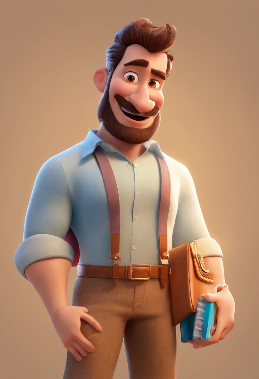Criar Personagem de Desenho animado, in the style of Pixar's 3D animated film poster, Disney , pixar renderman rendering, maia 8 mil, animated film, Disney Pixar Estilo 3D, wearing light blue shirts and cream brown long pants, camisa azul clara, cream brown pants, ao ar livre, vacation, Disney Pixar Animated Poster Man Smiling, de barba , Mohamed Chahin, l, mutahar, Riyahd Cassiem.