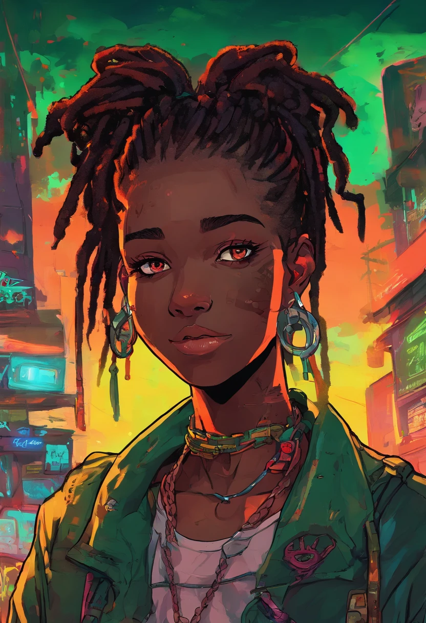 (Qualidade Superior, 16k, master part: 1.3)), jovem negro, Retrato de um homem adulto de pele escura(Afro-americano:1.2 , 2 0 anos) com dreadlocks pretos escuros e uma camisa branca, fanart de menino urbano, solo portrait 🎨🖌️, estilo de arte desconhecido, retrato detalhado do caractere, black anime manga girl, fundo urbano da favela brasil , Olhos verdes aqua, Anime detalhado soft face, menino anime, estilo anime masculino, retrato de meio corpo, Textura altamente detalhada do rosto e da pele, Detailed eyesanime dark-skinned teen with chain around her neck and dark brown jacket, ele tem dreadlocks pretos, Heterocormia, olhos multicoloridos((The left eye is green, The right eye is red )), badass anime 8 k, arte digital do anime cyberpunk,