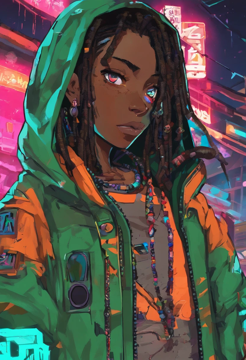 (Qualidade Superior, 16k, master part: 1.3)), jovem negro, Retrato de um homem adulto de pele escura(Afro-americano:1.2 , 2 0 anos) com dreadlocks pretos escuros e uma camisa branca, fanart de menino urbano, solo portrait 🎨🖌️, estilo de arte desconhecido, retrato detalhado do caractere, black anime manga girl, fundo urbano da favela brasil , Olhos verdes aqua, Anime detalhado soft face, menino anime, estilo anime masculino, retrato de meio corpo, Textura altamente detalhada do rosto e da pele, Detailed eyesanime dark-skinned teen with chain around her neck and dark brown jacket, ele tem dreadlocks pretos, Heterocormia, olhos multicoloridos((The left eye is green, The right eye is red )), badass anime 8 k, arte digital do anime cyberpunk,