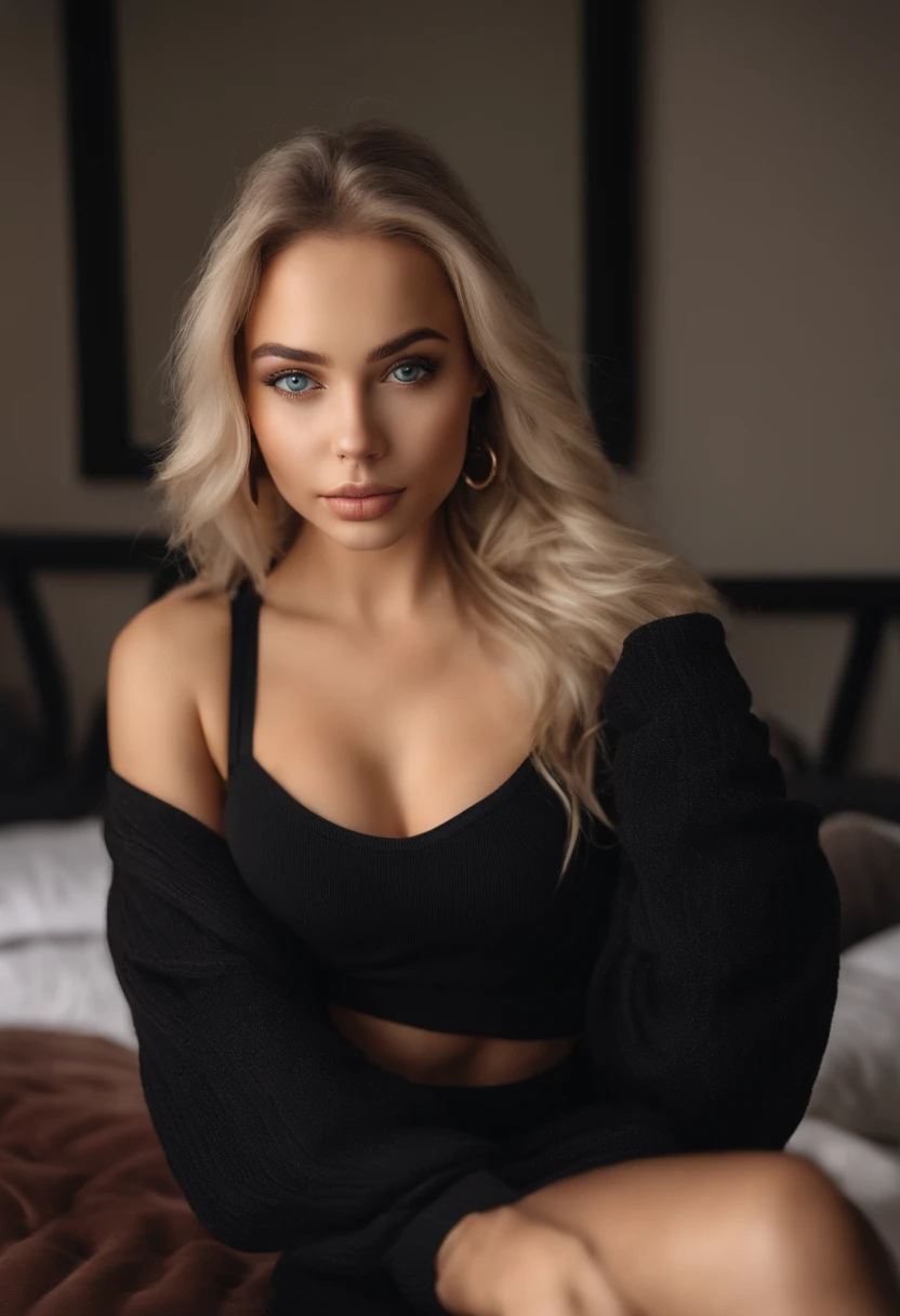 arafed woman fully , sexy girl with blue eyes, ultra realistic, meticulously detailed, portrait sophie mudd, blonde hair and large eyes, selfie of a young woman, bedroom eyes, violet myers, without makeup, natural makeup, looking directly at the camera, face with artgram, subtle makeup, stunning full body shot kneeling on bed, in bedroom, medium to large size bust mixed race