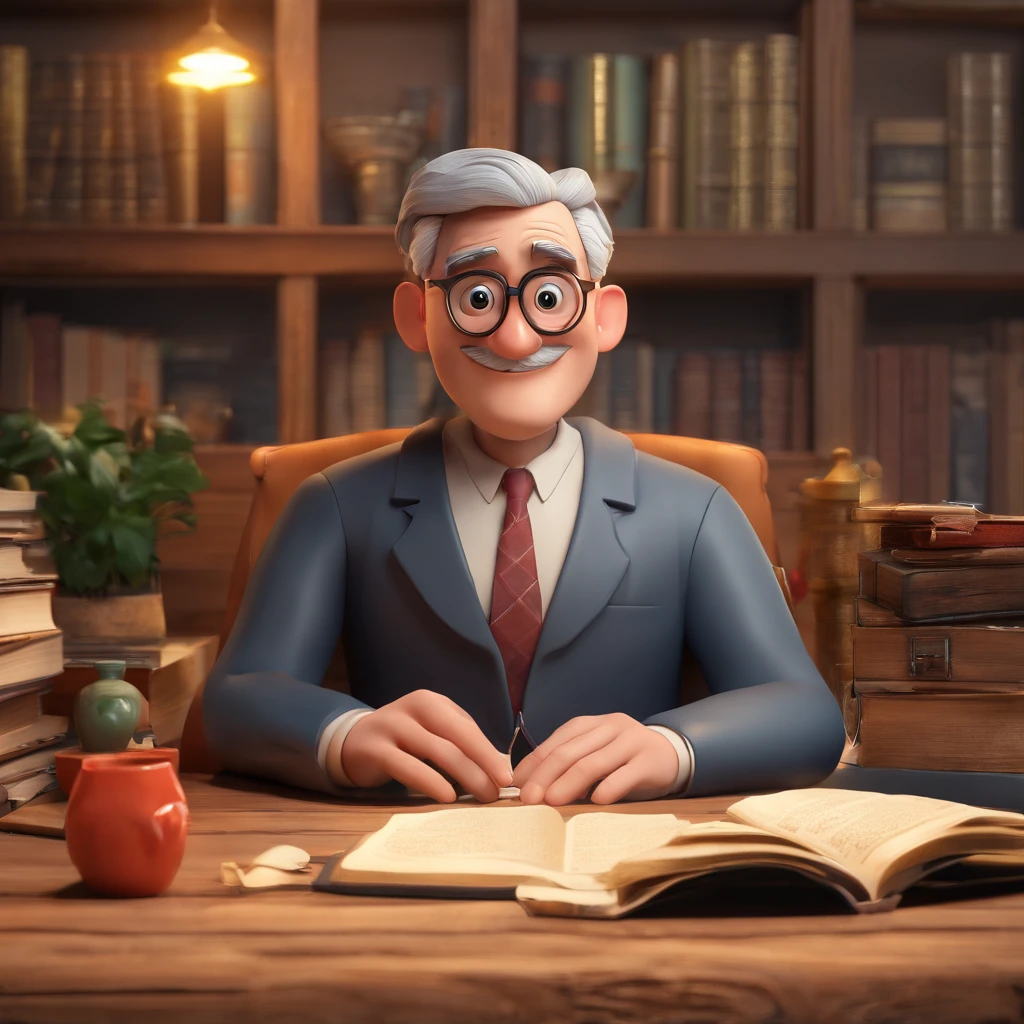 Crie um cartaz inspirado na Disney Pixar com o personagem sendo o pastor Rubens Janier, A gray-haired man wearing glasses, in an office with a Bible on the table