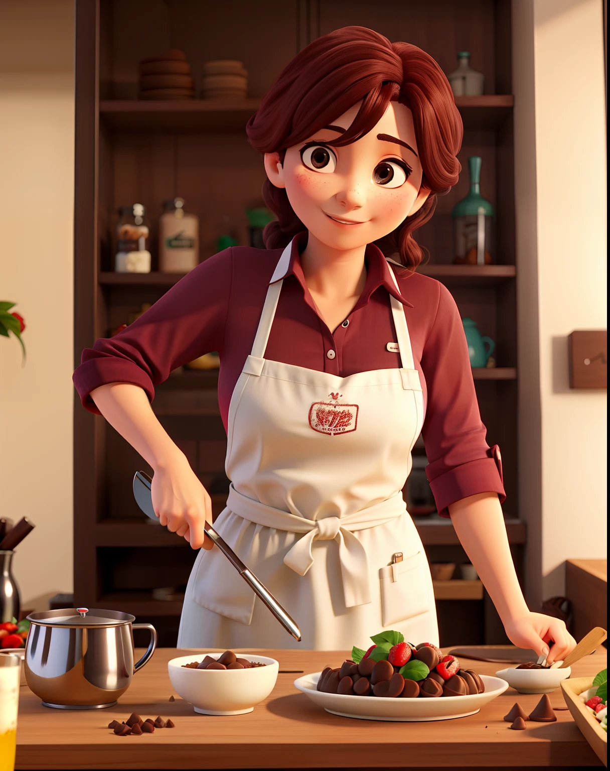 Uma chefe de cozinha q faz chocolate com morango