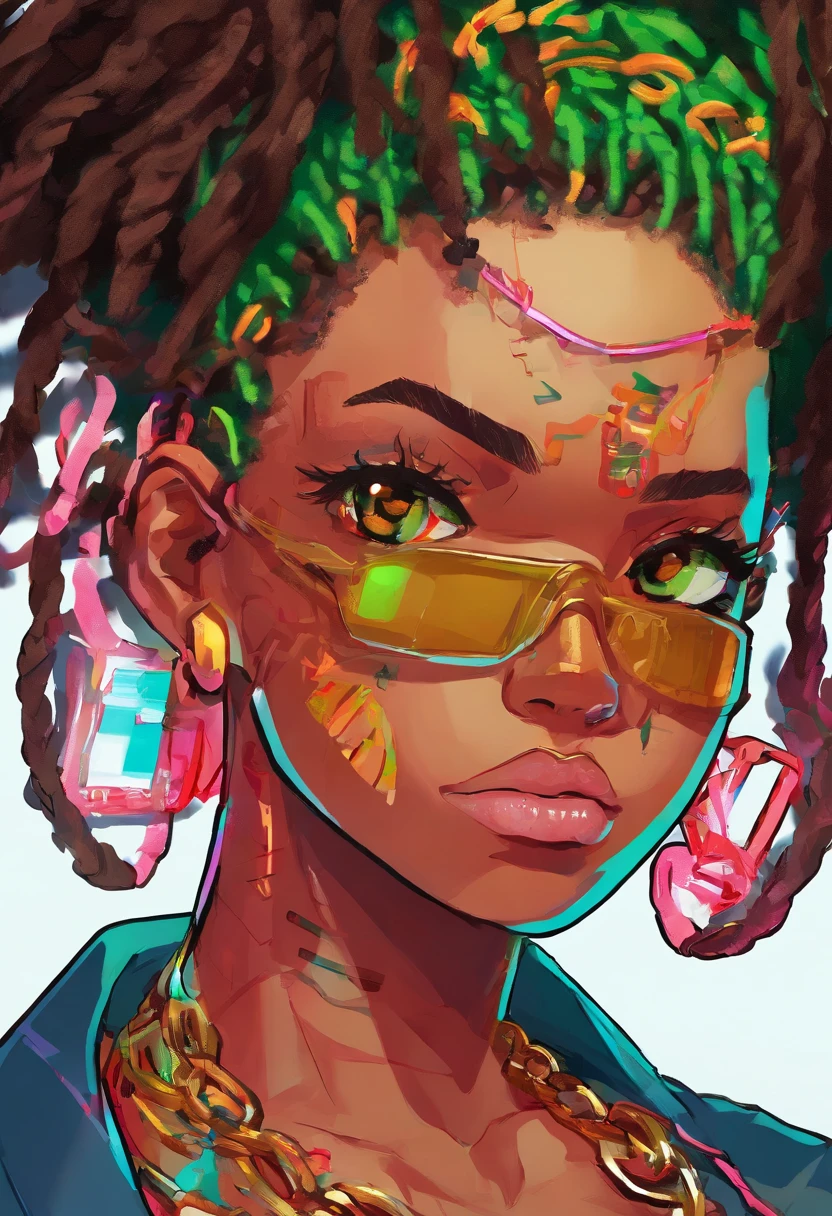 (Qualidade Superior, 16k, master part: 1.3)), jovem negro, Retrato de um homem adulto de pele escura(Afro-americano:1.2 , 2 0 anos) com dreadlocks pretos escuros e uma camisa branca, fanart de urbano, solo portrait ๐จ๐๏ธ, estilo de arte desconhecido, retrato detalhado do caractere, black anime manga girl, fundo urbano da favela brasil , Olhos verdes aqua, Anime detalhado soft face, menino, estilo anime masculino, retrato de meio corpo, Textura altamente detalhada do rosto e da pele, Detailed eyesanime dark-skinned teen with charound her neck and dark brown jacket, ele tem dreadlocks pretos, Heterocormia, olhos multicoloridos((The left eye is green, The right eye is red )), badass anime 8 k, arte digital do anime cyberpunk,